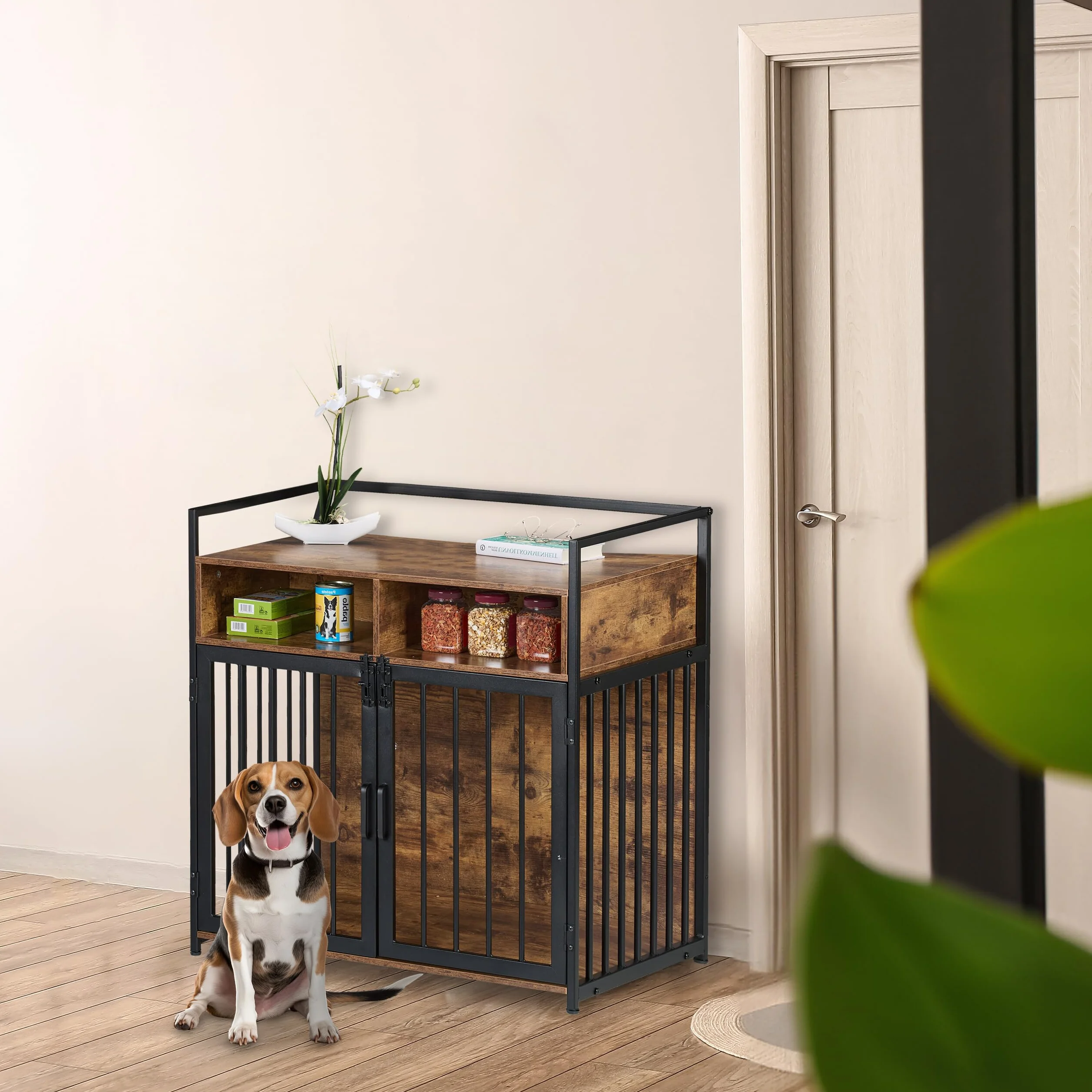 Relaxdays Hundekäfig im Möbelstil, HBT: 85x80x54 cm, Hundebox mit Ablage, 2 Türen, Hundeschrank Holzoptik, braun-schwarz