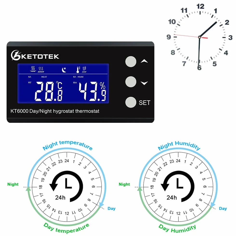 KETOTEK Thermostat Hygrostat Steckdose Digital mit Tag/Nacht Zeitschaltuhr, Temperaturregler Feuchtigkeitregler Steckdose mit Fühler 230V, Temperatur Feuchtigkeit Regler für Gewächshaus Terrarium