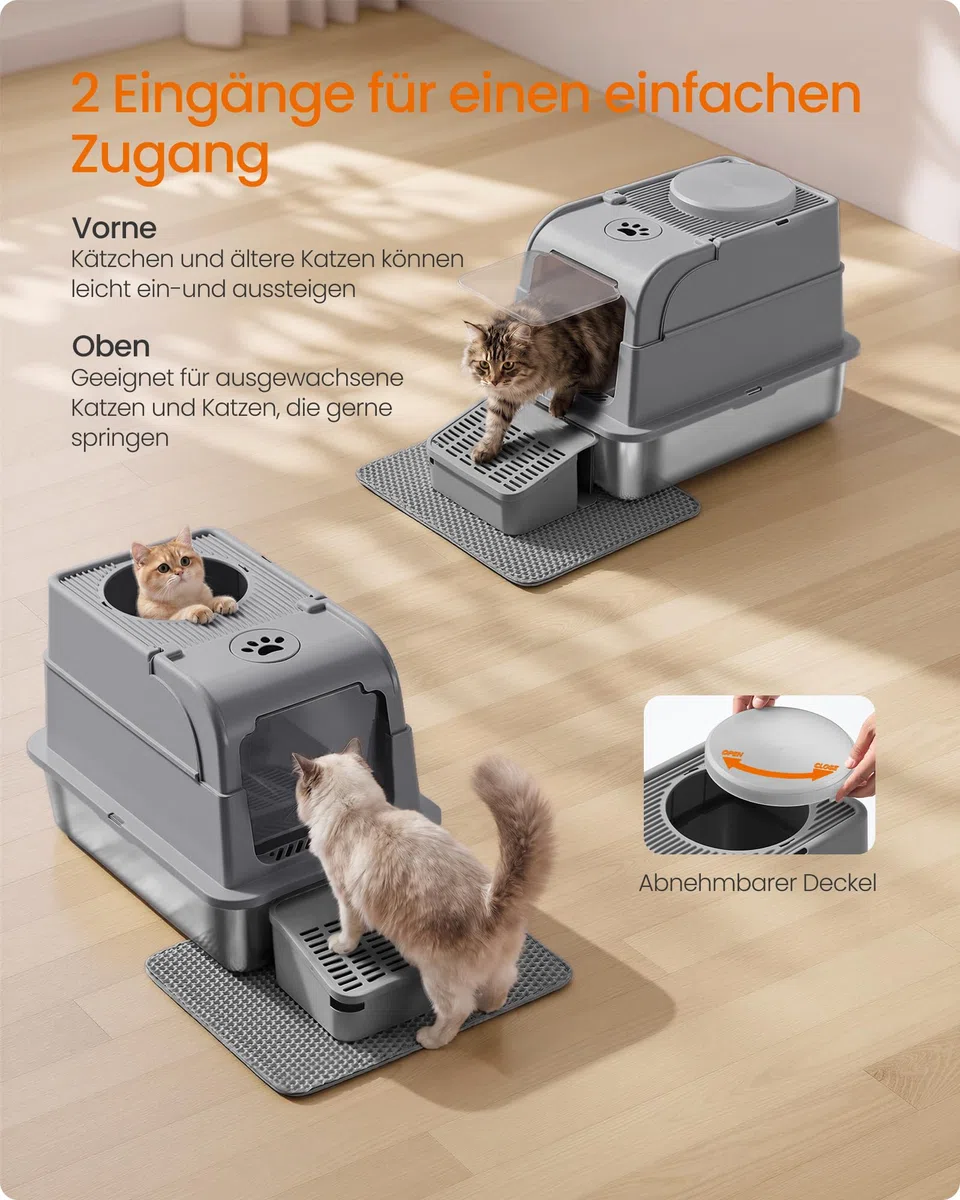 Feandrea Katzenklo Edelstahl, Katzentoilette mit Deckel, geschlossen, 2 Eingänge, inklusive Schaufel und Bürste, für Katzen bis 15 kg, taubengrau PPT021G201