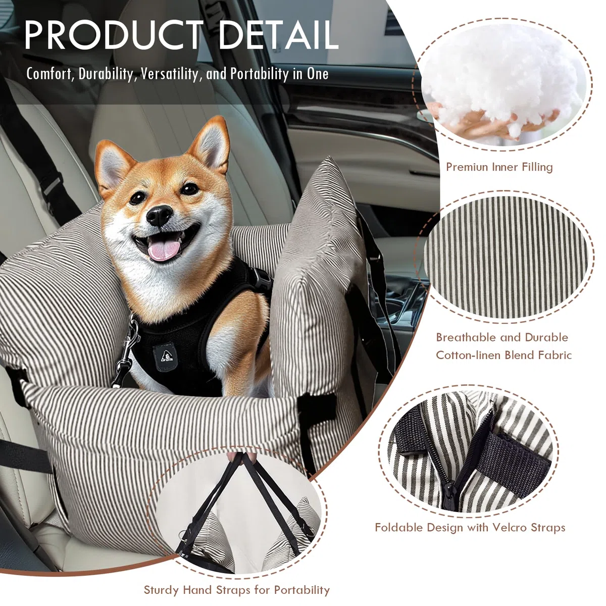Hundesitz Auto für Kleine/Mittlere Hunde unter 18 kg, Tragbares Autositz Hund mit Sicherheitsgurt und Aufbewahrungstaschen, Waschbarer Hund Booster Autositz, Anti-Rutsch-Boden (Braun, 76 x 52 cm)