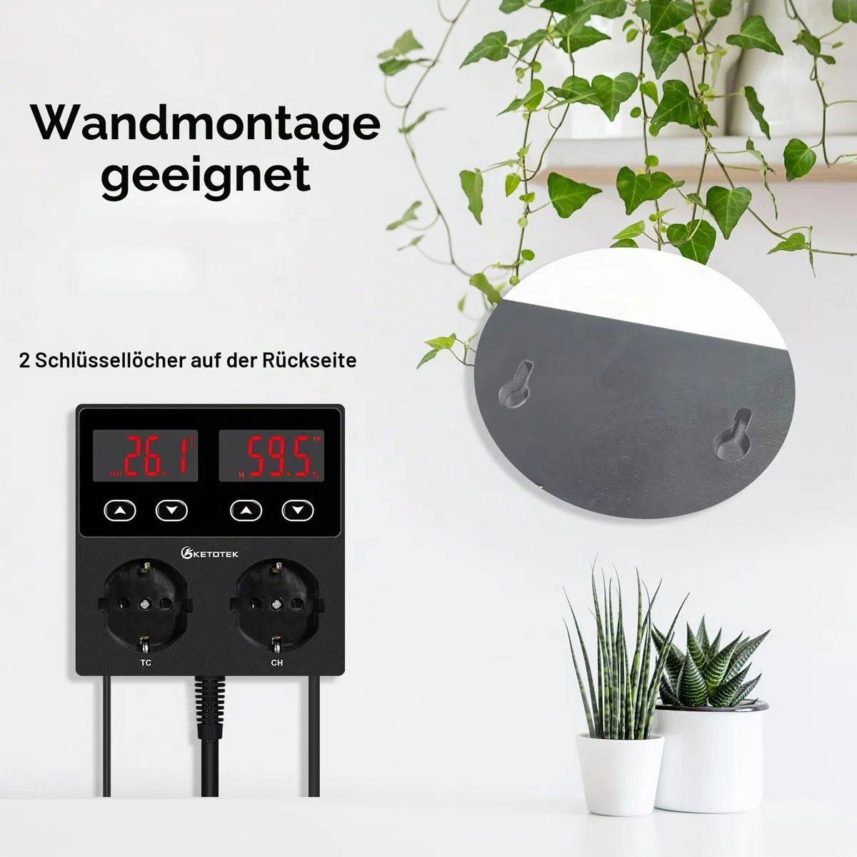 KETOTEK Thermostat Hygrostat Steckdose Digital, Temperaturregler Feuchtigkeitregler Steckdose mit 2 Fühler 230V, Temperatur Feuchtigkeit Regler für Gewächshaus Pilz Terrarium