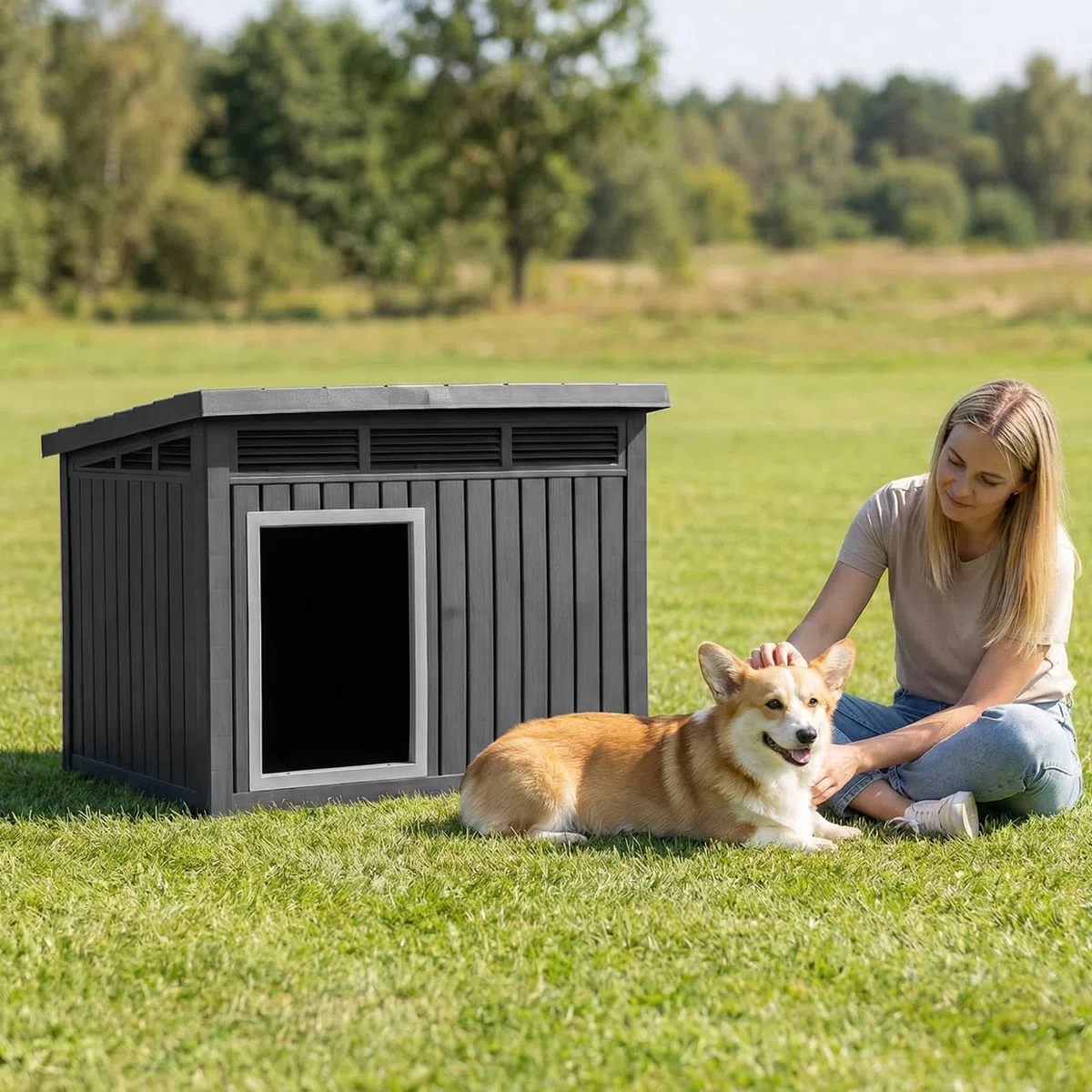 COSTWAY Hundehütte für Outdoor & Indoor, Hundehaus mit aufklappbarem Schrägdach, Entwässerungslöcher, Gasdruckfeder & Belüftungsöffnungen, Hunde Hütte für kleine & mittelgroße Hunde, 81 x 64 x 61 cm