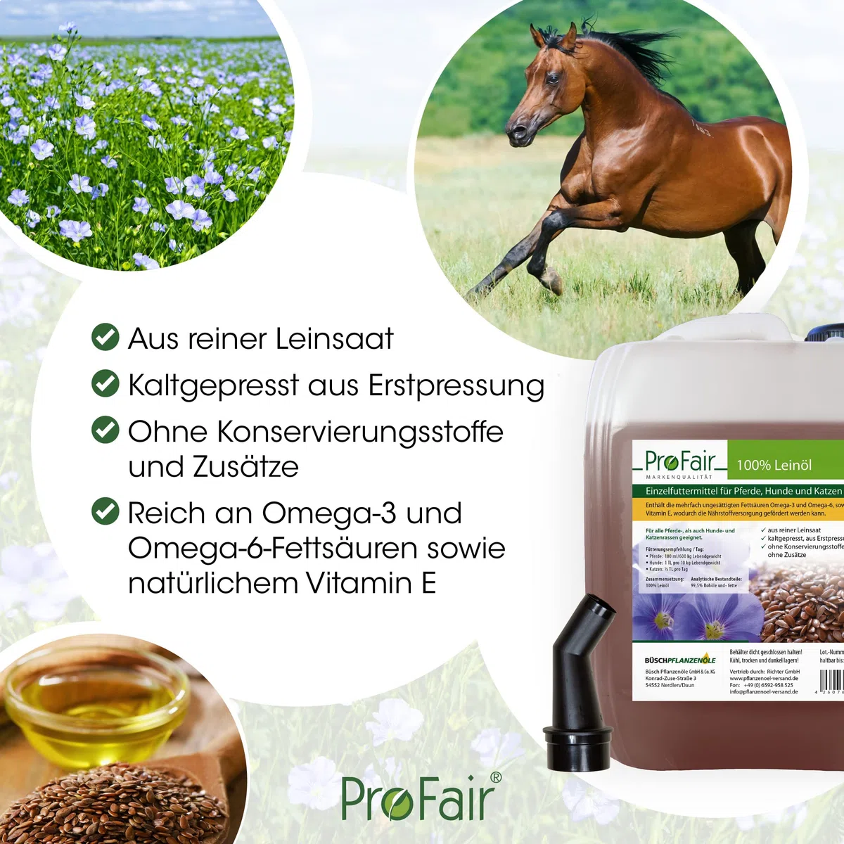 20 Liter ProFair Leinöl (2 x 10L Liter) kaltgepresst, 100% aus Reiner Leinsaat, ohne Zusätze, Einzelfuttermittel für Pferd, Hund und Katze