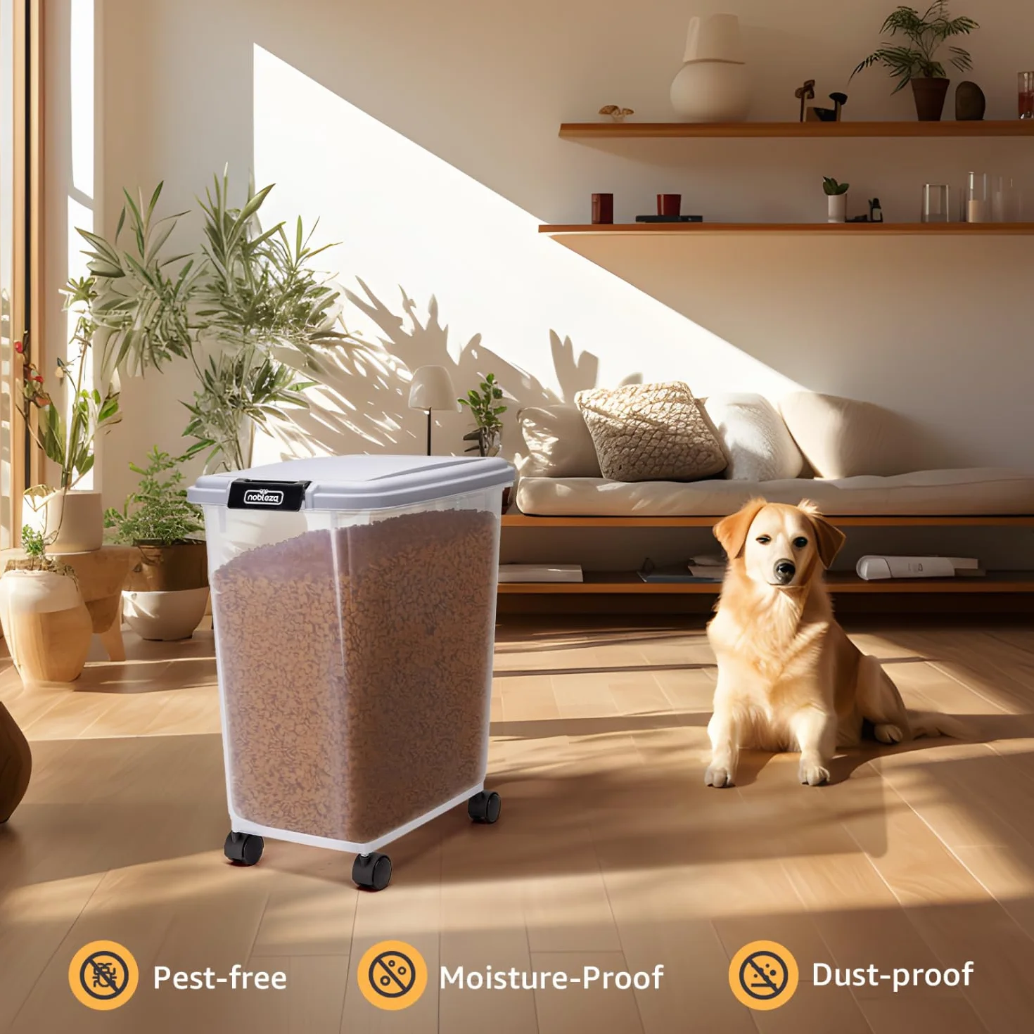 Nobleza - 2 Stück Futterbehälter für Haustiere,40 L,für Haustiere, Lebensmittelbox mit Rädern,Klappdeckel,Luftdicht,Transparent, Rollen und Schaufel,für Hunde und Katzen,Grau