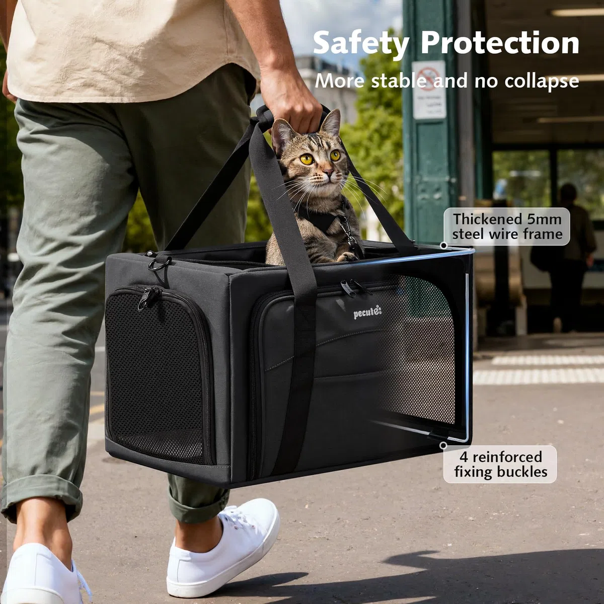 Pecute Transportbox Katze für Katzen & Kleine Hunde, Faltbar mit Seitenerweiterung, Atmungsaktiv Stabil, Ausbruchschutz, Für Auto Reisen Tierarzt, Dunkelgrau