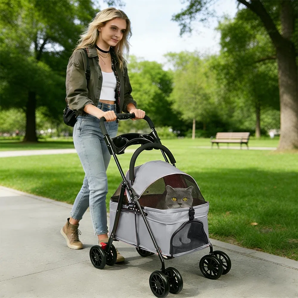 Homewell Faltbarer Hundebuggy für Hunde, Haustiere Buggy, Hundewagen mit abnehmbarer Transportbox, Getränkehaltern, Ablagefach und Netzfenstern, Klappbar, bis 20 kg (Grau)