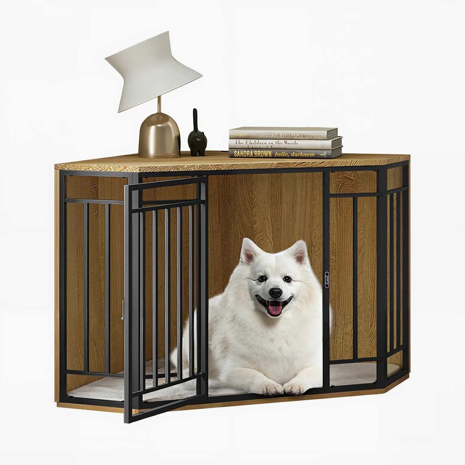 EUGAD Eck-Hundebox, Hundekäfig Möbel mit Kissen,Hundebox Holz mit Abschließbarer Tür, Haustierbox für den Innenbereich, Hundekäfig Zuhause für kleine mittelgroße Hunde 111x67x60cm