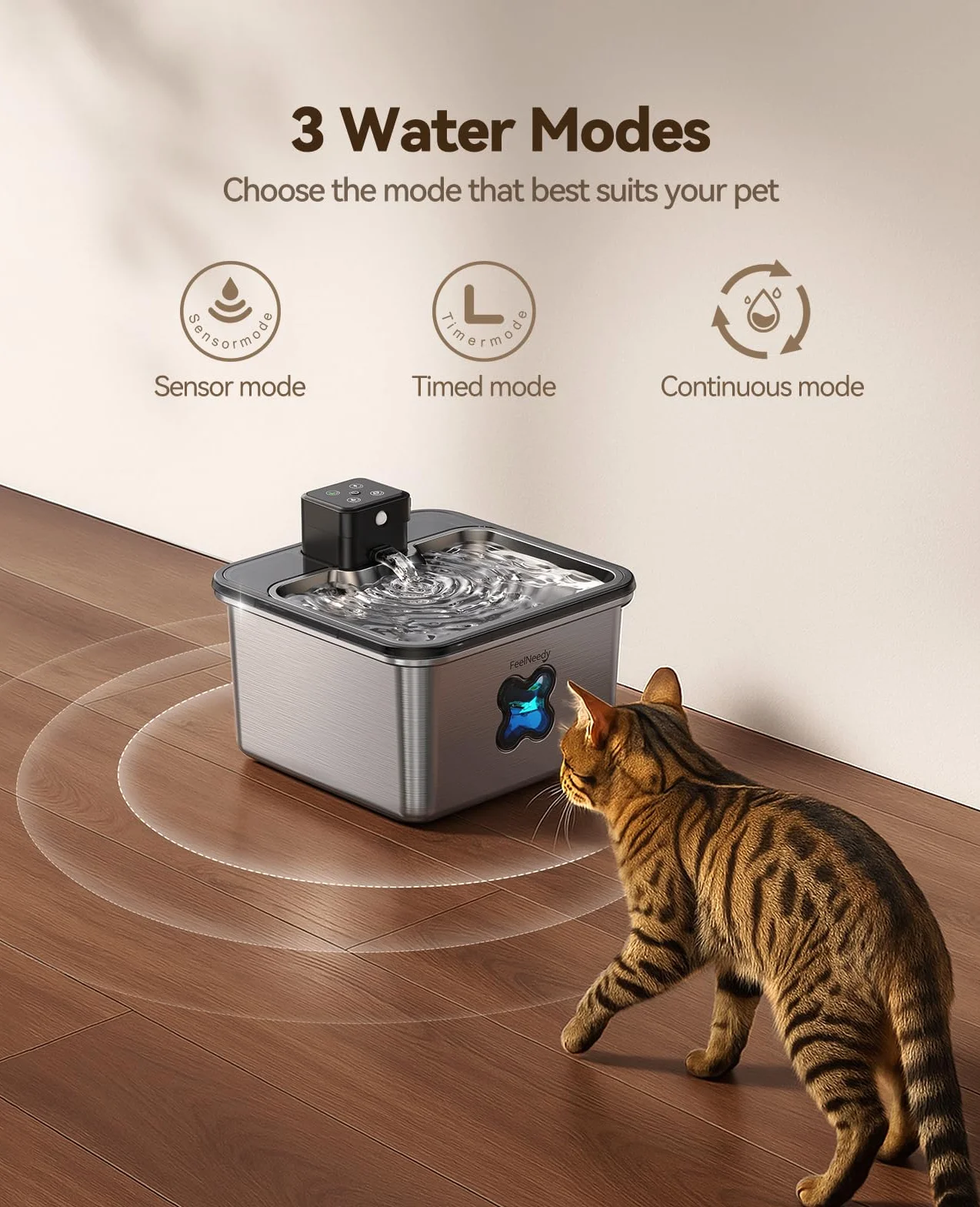FEELNEEDY Katzenbrunnen Kabellos 3.2L mit 6 Filters, Trinkbrunnen für Katze Edelstahl 4000mAh Akku, Wasserbrunnen für Katzen mit Bewegungsmelder, Spülmaschinenfester