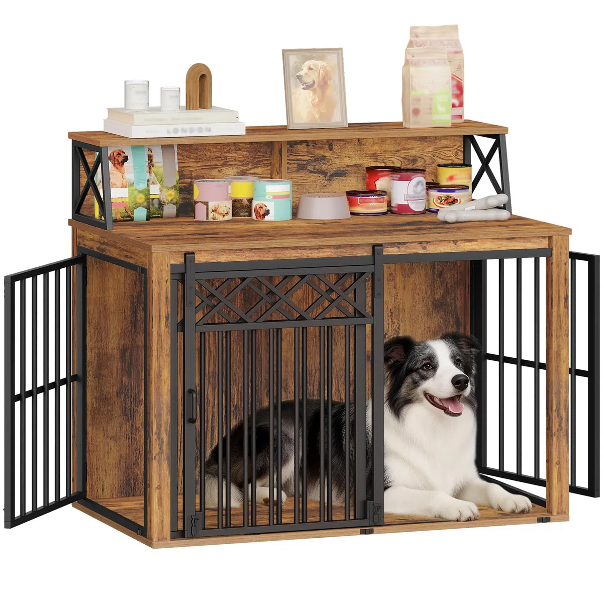 Hzuaneri Hundekäfig Möbel mit Lagerregal, Dreitürige Hundebox für Zuhause, Indoor Kennel mit Scheunentür, Beistelltisch, Geeignet für Mittlere/Große Hunde, 100 x 60 x 86 cm, Vintage Braun DFC87401B