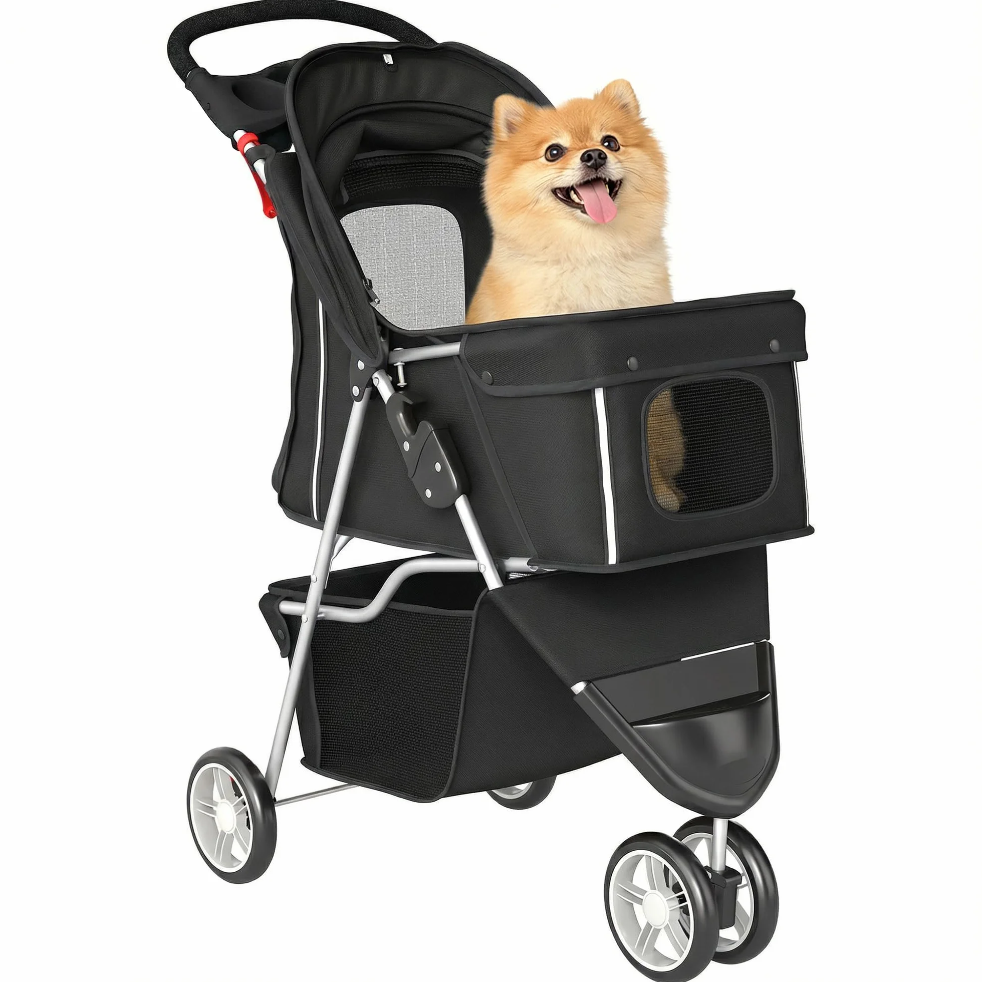 PawHut Hundewagen Hundebuggy Faltbar klappbar Katzenwagen bis 10kg mit Aufbewahrungskorb, Kissen, Netzfenster, Getränkehalter, 3 Räder, Aufbewahrungstasche, Haustierbuggy für kleine Hunde, Schwarz