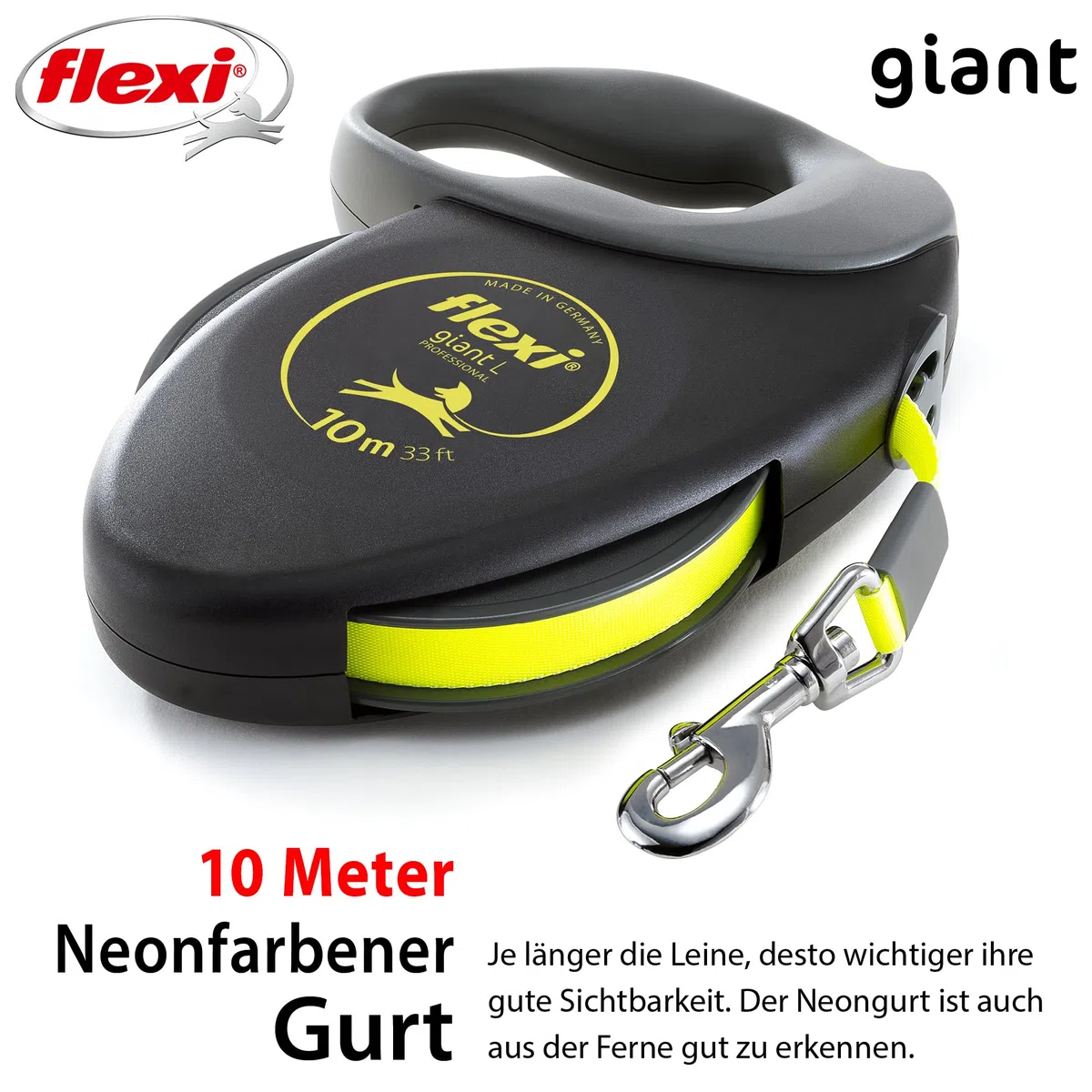 flexi® Giant Professional L | 10m Gurt Roll-Leine für Hunde bis 50 kg | schwarz/neon-gelb | ausziehbare Hundeleine | Gewicht 861.1 gr | Maße 18 x 24 cm