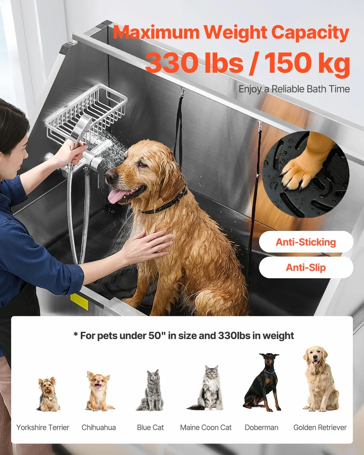 VEVOR Elektrische Hundewaschstation mit Hebefunktion, 127 cm Tierpflegewanne mit PE-Wasserfilterplatte, Wasserhahn & Duschkopf, Hundebadewanne, Waschbecken für mehrere Haustiere (Linke Tür)