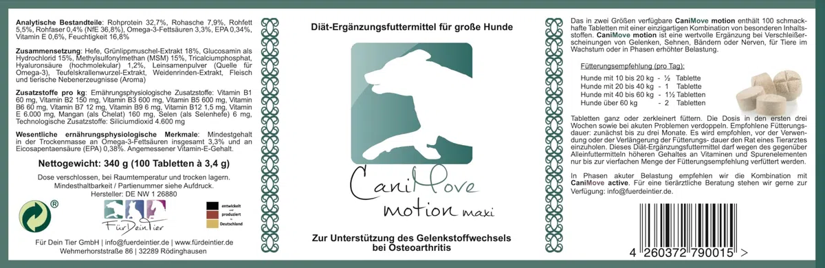 Motion Maxi - 100 Gelenktabletten (340 g) für große Hunde mit degenerativen Problemen des Bewegungsapparates