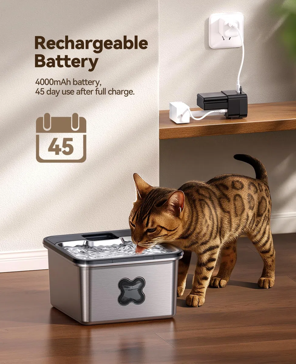 FEELNEEDY Katzenbrunnen Kabellos 3.2L mit 6 Filters, Trinkbrunnen für Katze Edelstahl 4000mAh Akku, Wasserbrunnen für Katzen mit Bewegungsmelder, Spülmaschinenfester