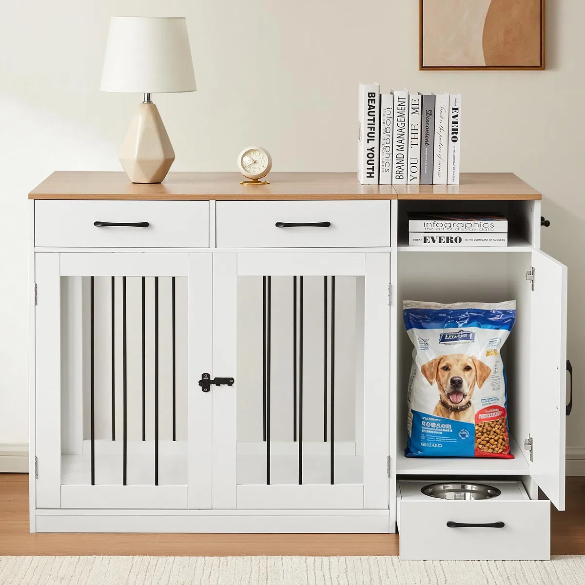 TUKAILAi Hundebox im Möbeldesign mit Futterstation, Robuster Hundekäfig mit Schubladen, Schrank und erhöhten Näpfen für kleine & mittlere Hunde