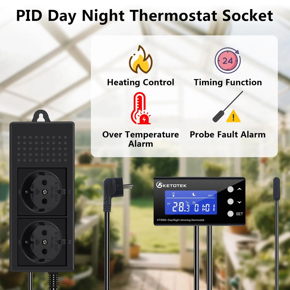 KETOTEK PID Tag Nacht Thermostat Dimmer Temperaturregler Steckdose Stecker mit Timer Digital Dimmthermostat für Wärmelampe Gewächshaus Aquarium Pflanzen Reptilien