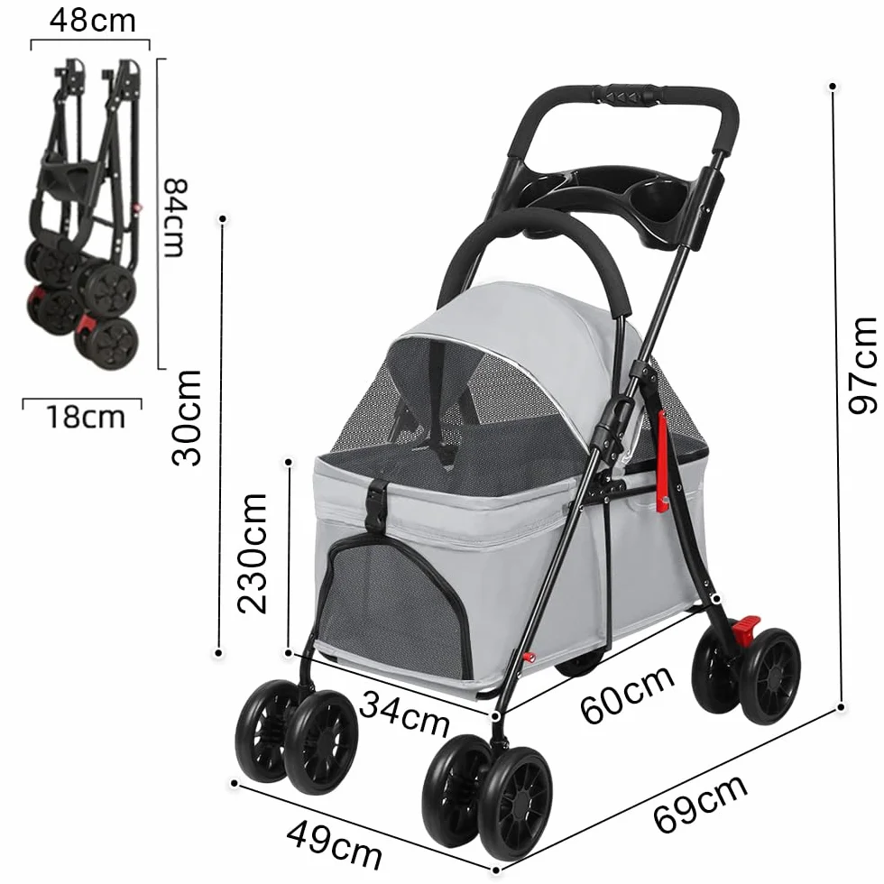 Homewell Faltbarer Hundebuggy für Hunde, Haustiere Buggy, Hundewagen mit abnehmbarer Transportbox, Getränkehaltern, Ablagefach und Netzfenstern, Klappbar, bis 20 kg (Grau)