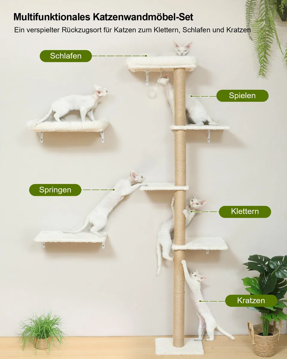 FUKUMARU Kletterwand Katzen-Set, 178 cm hoch, stabiles 3-in-1 Kratzbaum-Set aus mehrschichtigem Massivholz, Holzkatzenmöbel mit Kratzbaum-Wand und 2 Wandregalen, platzsparende Kletterwand, Beige