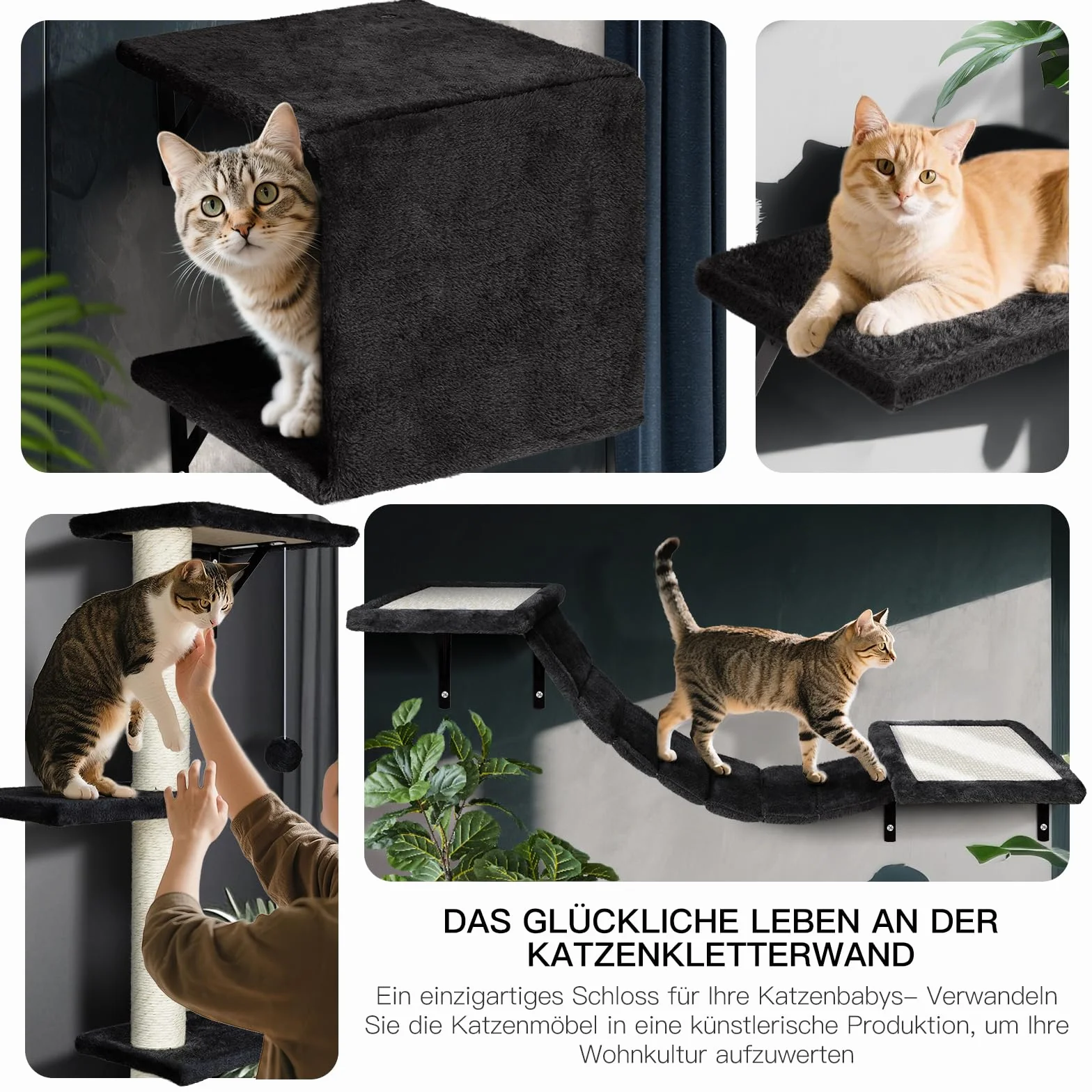 Zvonema Kletterwand Katzen, Katzen Wandelemente 10-teilig, Stabiler Holz Katzenwand, Bequem Plüsch Katzenmöbel, Kratzbaum Wand mit Katzenhaus, Brücke, Treppe, Kratzbrett, Katzenliege & Hängeball