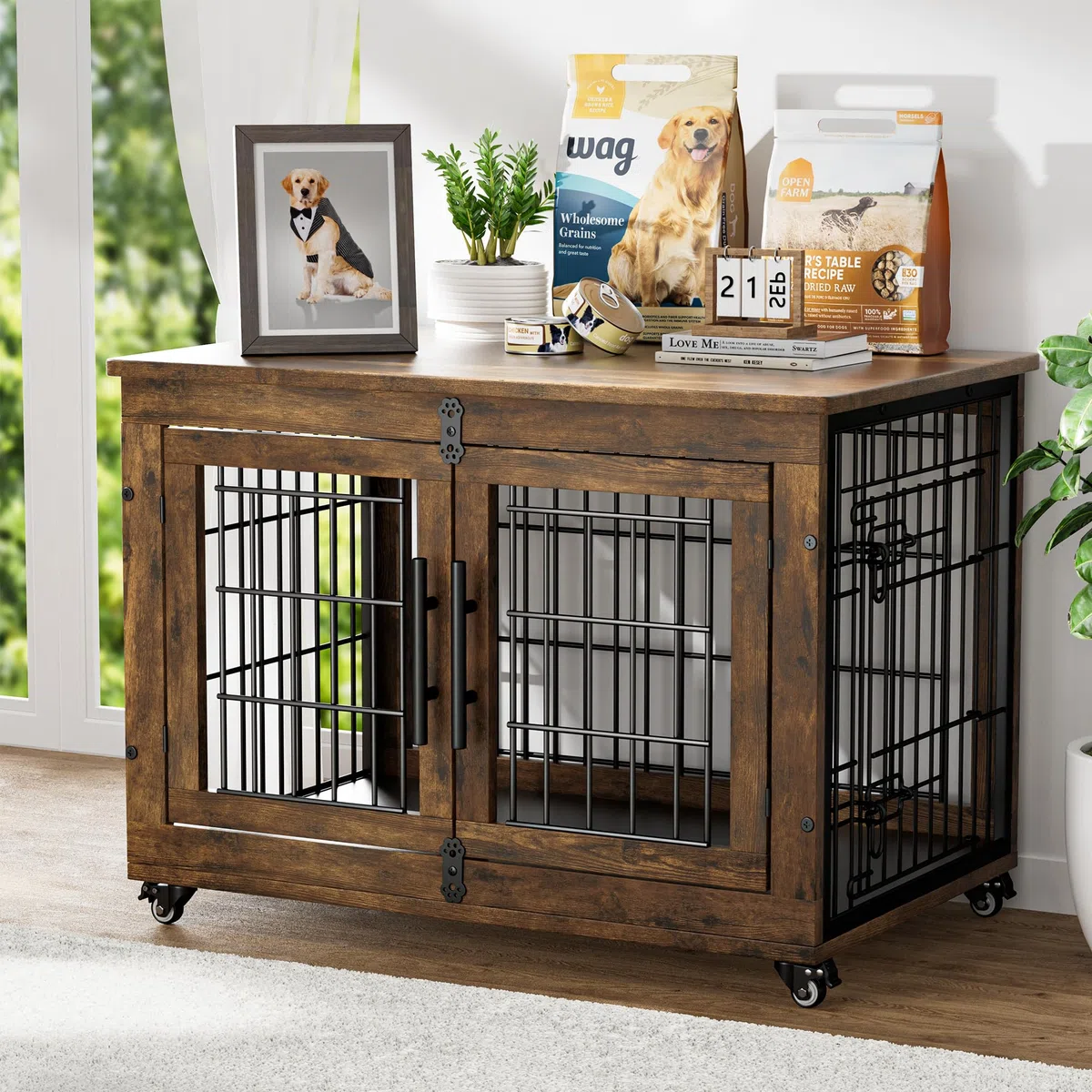 GIKPAL Hundebox für Zuhause mit Kissen, 83cm Hundekäfig Möbel für Drinnen mit Doppeltüren und Rädern, Moderne-Hundebox Holz für Klein, Mittlere Hunde bis zu 45 lb, 83x56x64cm, Rustikales Braun