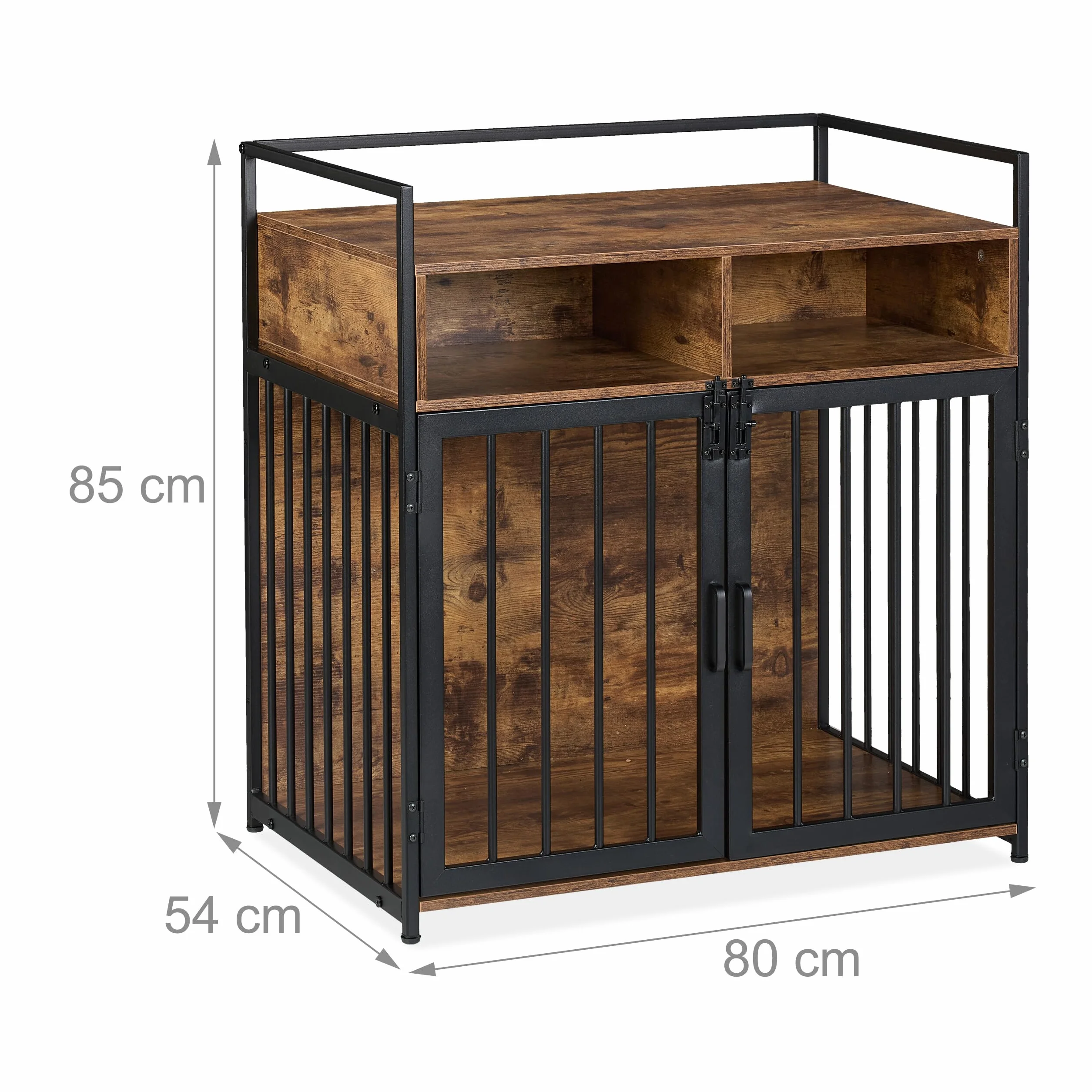 Relaxdays Hundekäfig im Möbelstil, HBT: 85x80x54 cm, Hundebox mit Ablage, 2 Türen, Hundeschrank Holzoptik, braun-schwarz