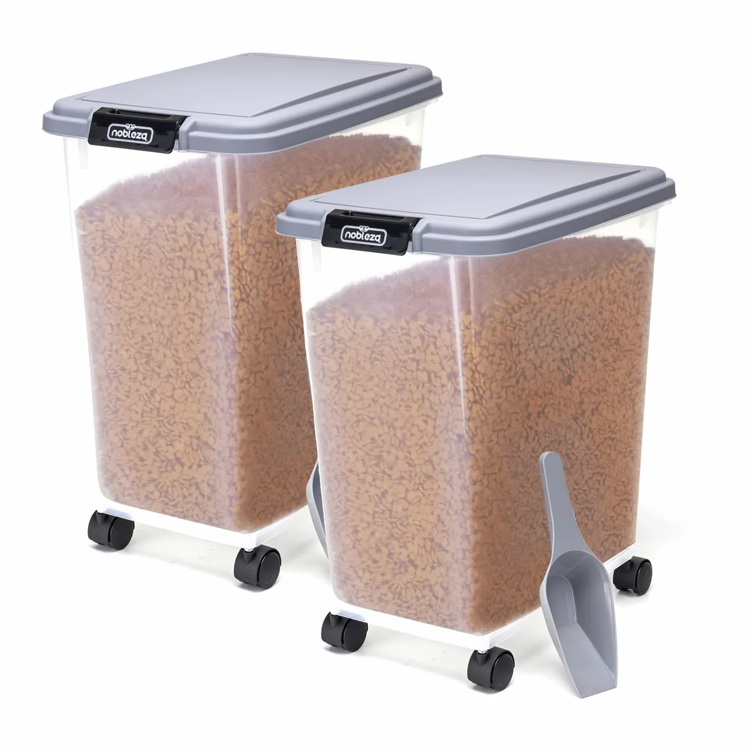 Nobleza - 2 Stück Futterbehälter für Haustiere,40 L,für Haustiere, Lebensmittelbox mit Rädern,Klappdeckel,Luftdicht,Transparent, Rollen und Schaufel,für Hunde und Katzen,Grau