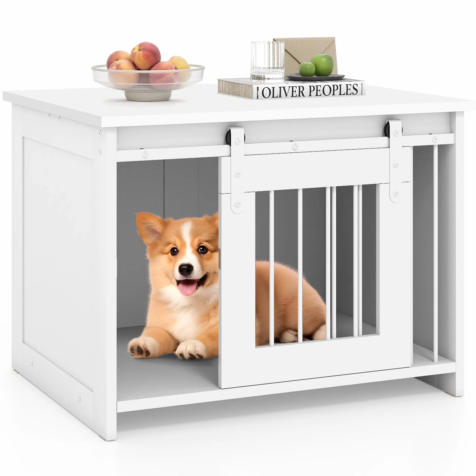 COSTWAY Hundekäfig Möbel, Hundebox für Zuhause, Hundehütte mit Schiebetür, Haustierkäfig aus Metall Holz, Beistelltisch modern, Indoor, für kleine & mittelgroße Hunde, 80 x 60 x 60 cm (Weiß)