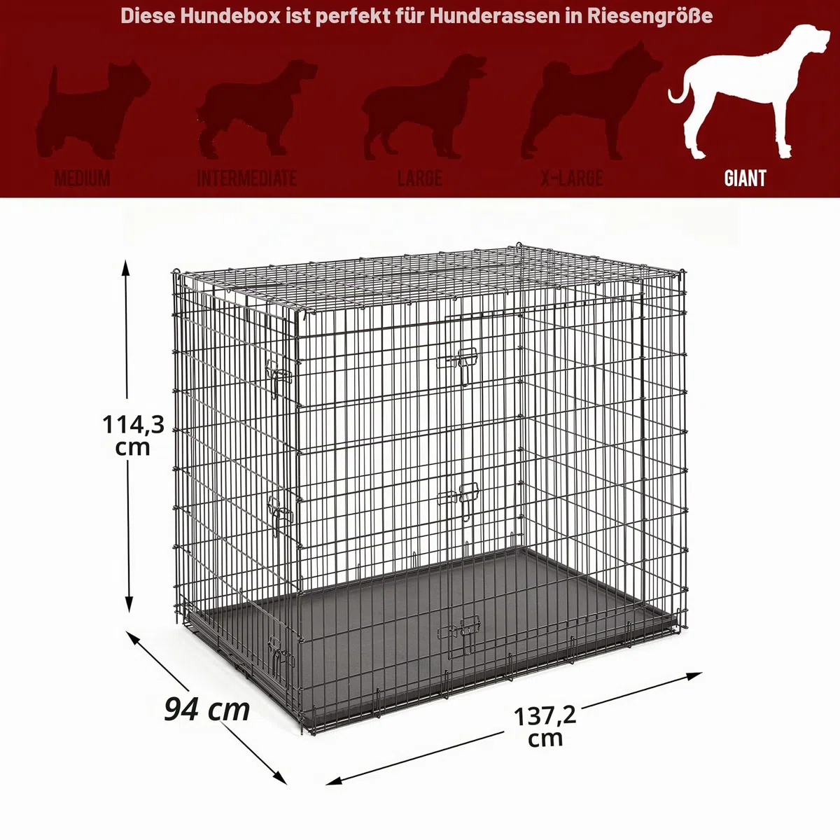 Solutions Series Hundebox für die größten Hunderassen, Doppeltür, 137 cm, Größe XXL, stabile Metallstifte, schwarz E-beschichtet