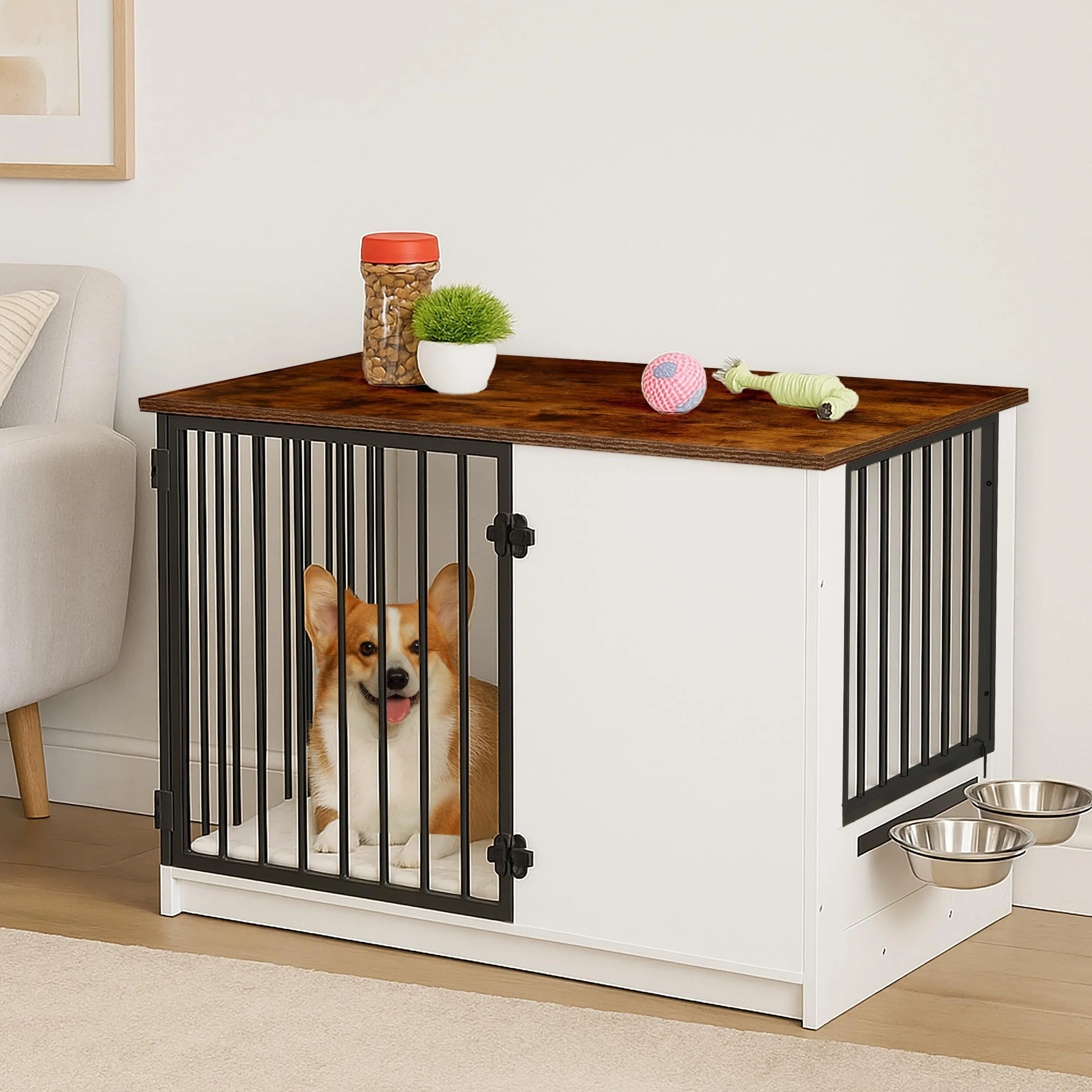 Relaxdays Hundekäfig, für Zuhause, HBT: 65,5x102x60 cm, Hundemöbel, 2 drehbare Näpfe, Hundebox, MDF & Stahl, weiß/braun