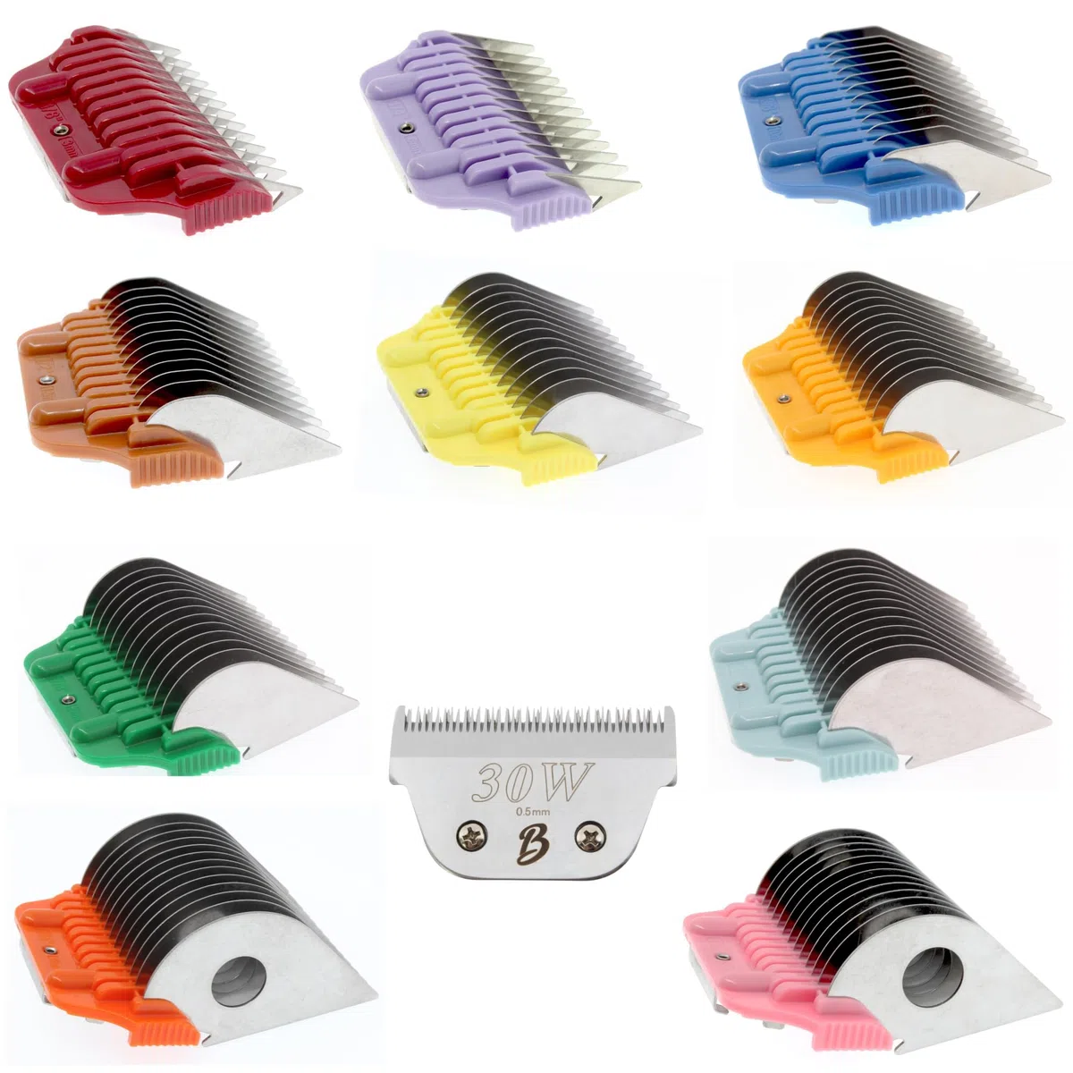 30 breite Klingen und 10 Stück breite Schutzkämme für Hundepflege (3 mm, 6 mm, 10 mm, 13 mm, 16 mm, 19 mm, 22 mm, 25 mm, 32 mm und 38 mm), breites Scherschutz-Aufsatz-Set passend für Schermaschinen