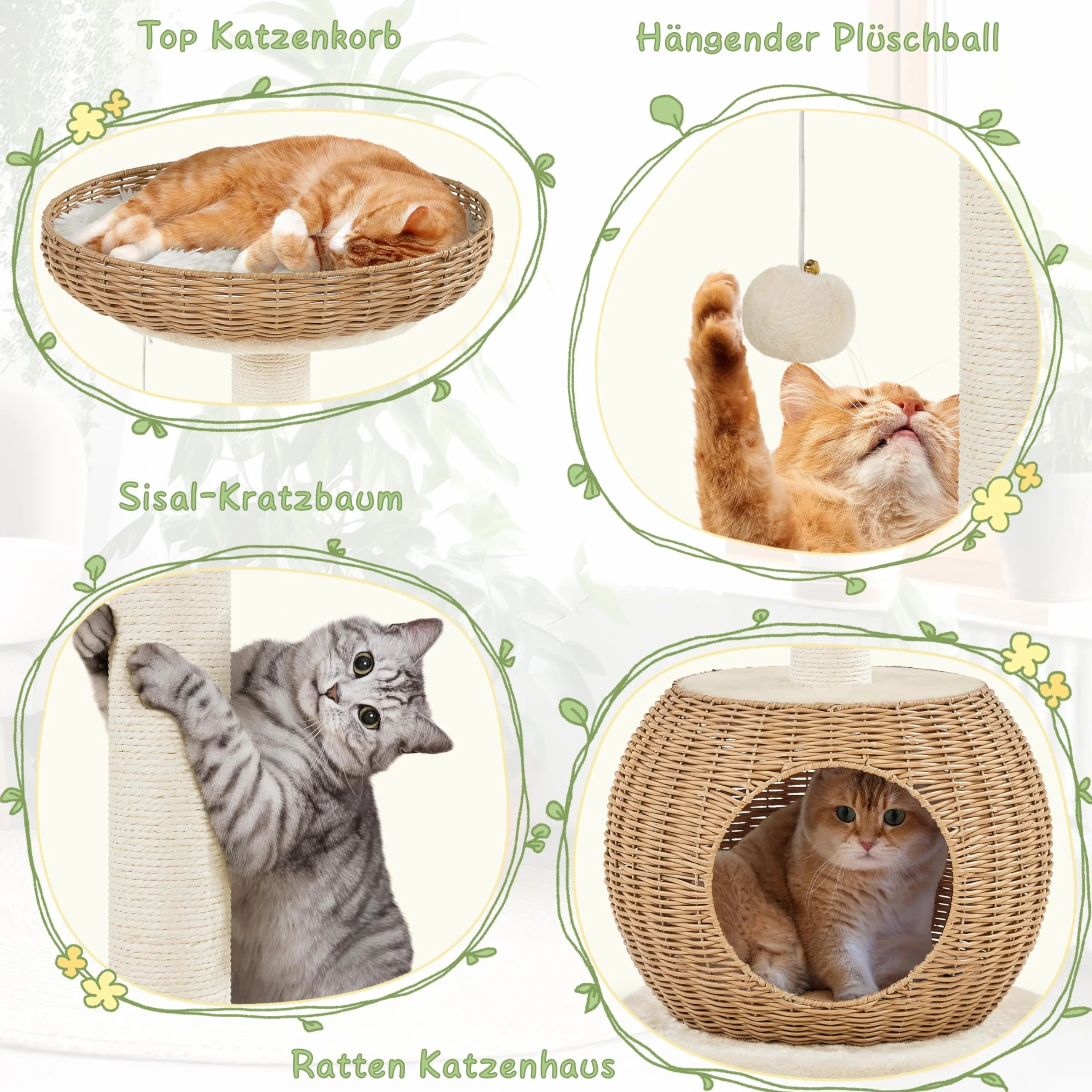 Yaheetech Kratzbaum Ratten Kletterbaum für große Katze, Stabiler Katzenkratzbaum mit Katzenhöhle Plüschball Katzenkorb Sisal Katzenmöbel 75 cm Beige