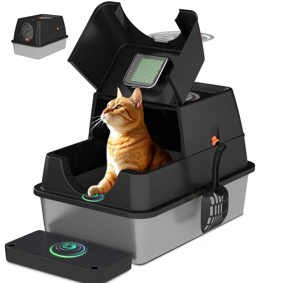 Katzenklo Edelstahl mit Deckel, XL Katzentoilette Geschlossen mit Schaufel, Zwei-Tür-Konfiguration, Leicht zu Reinigen, Geruchshemmend, Rostfreier Stahl Katzenklo mit Pedals (Schwarz)
