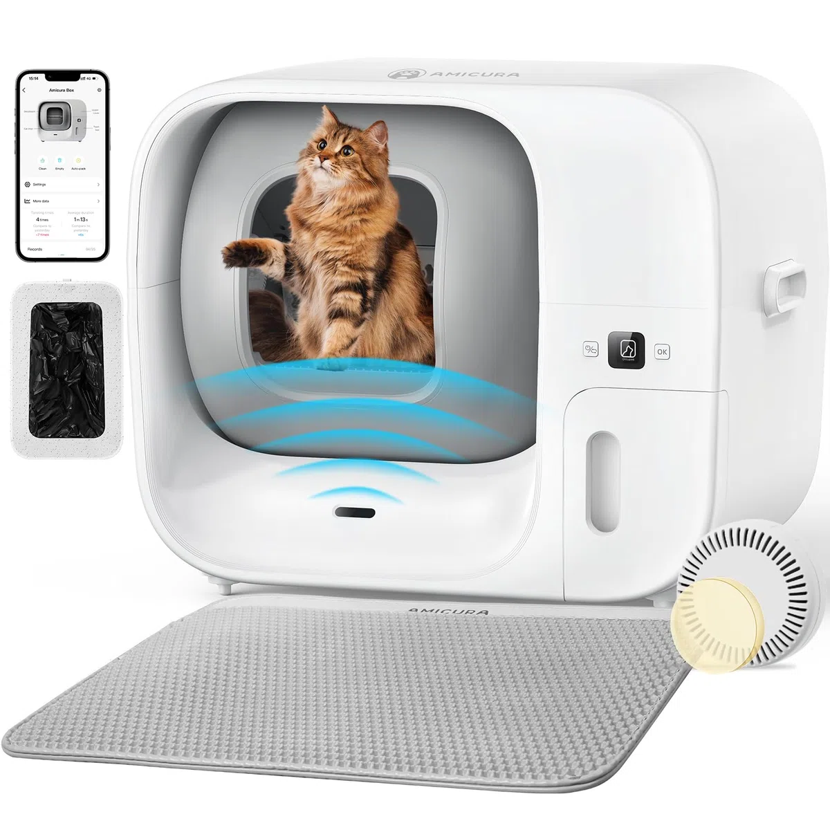 Amicura Cura 3 Selbstreinigende Katzentoilette, Automatisch Verpackt und Füllt Müllsäcke, TÜV-zertifizierte Sicherheit &7 Sensoren, Geruchskontrolle/App-Steuerung, Große Katzenklo Für Mehrere Katzen