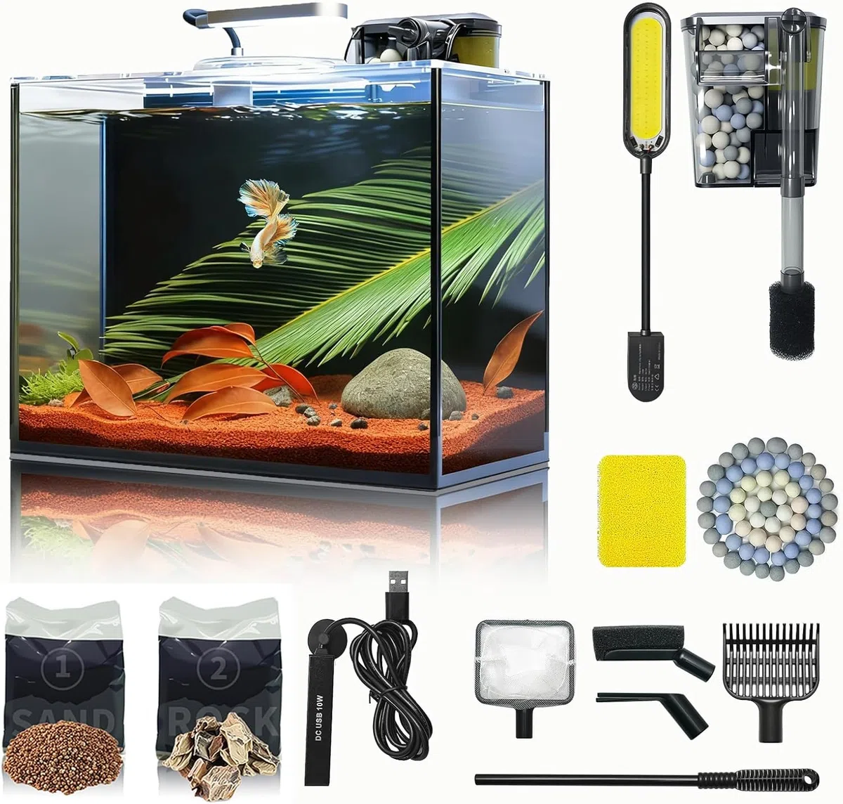 Glas-Aquarium-Set, Starter-Set mit Heizung, Wasserpumpe, Reinigungsfilter, helles Licht, Felsen, Kies, Reinigungswerkzeug, auslaufsicher, klar, randlos, Schreibtisch, platzsparend, Betta-Fische
