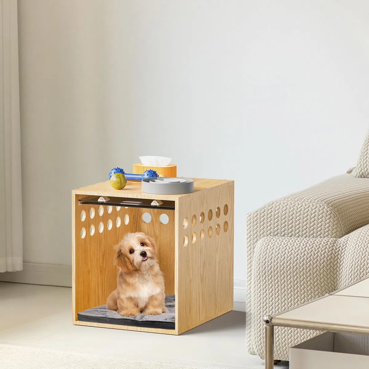 Hundekäfig-Möbel, SAUCE ZHAN Hundehütte mit Kissen für kleine/mittelgroße Hunde, Beistelltisch, Holzkiste für Haustiere im Innenbereich, Holzfarbe