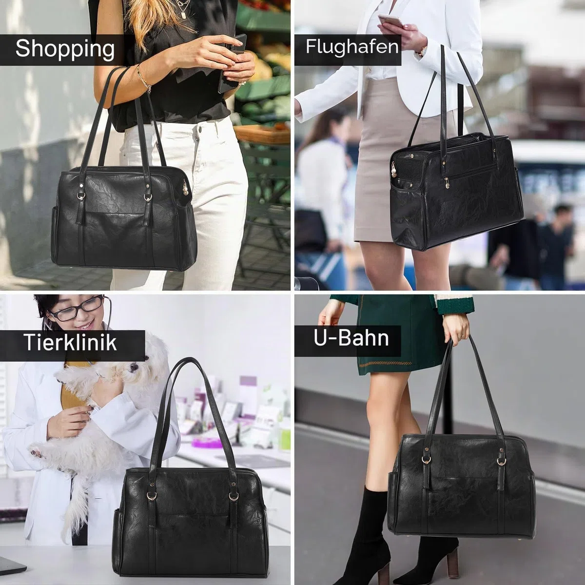 Lasaviin Hundetragetasche, modische Leder-Haustier-Tragetasche mit Taschen, von Fluggesellschaften zugelassen, weiche Seiten, für Welpen, Katzen, Hunde, Schwarz