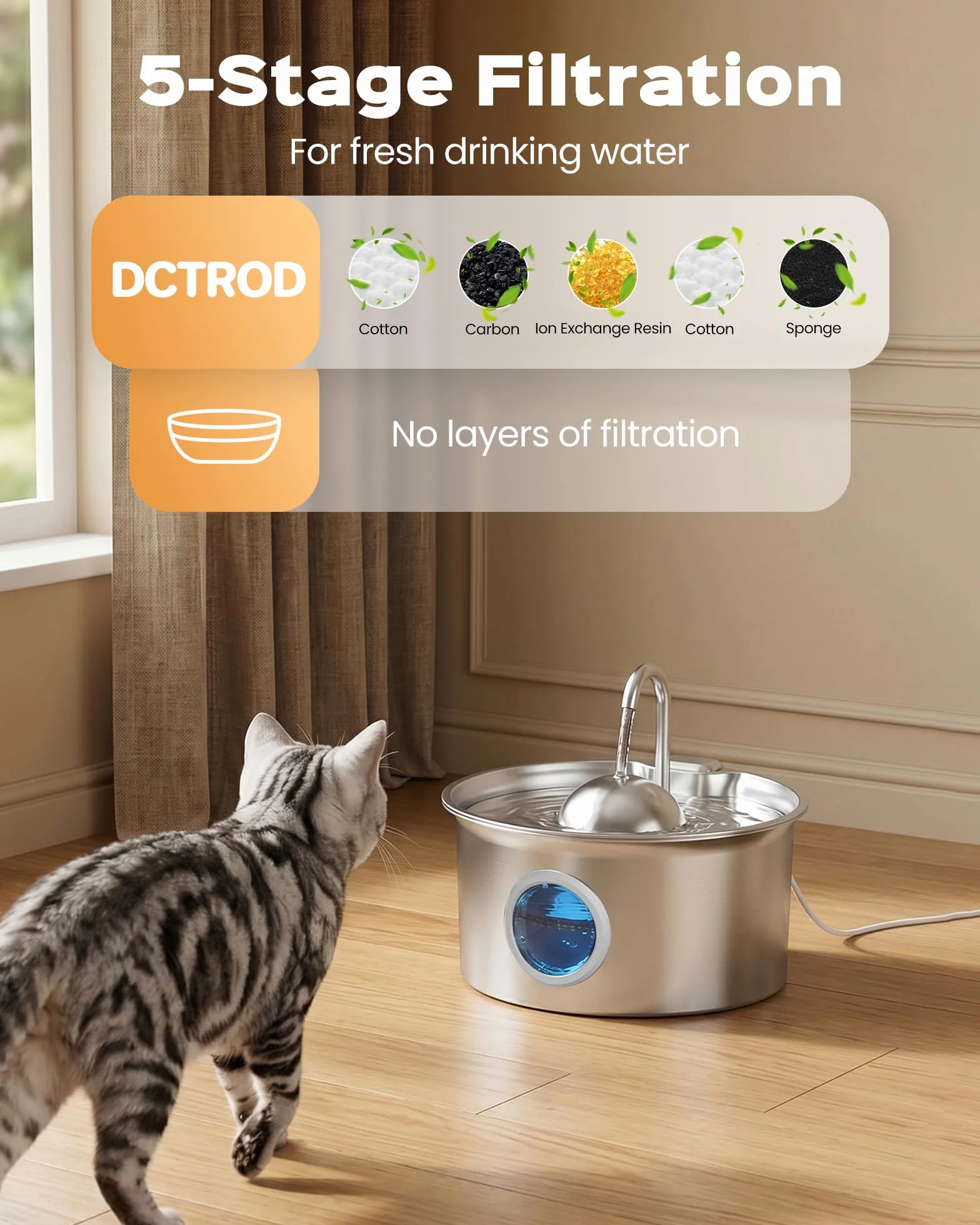 Katzenbrunnen Edelstahl Trinkbrunnen für Katze: Katzen Trinkbrunnen - 2.6L Wasserbrunnen für Katzen - Katzentrinkbrunnen für Hunde Automatisch mit Wasserstand Sichtfenster - Vierfaches Filtersystem