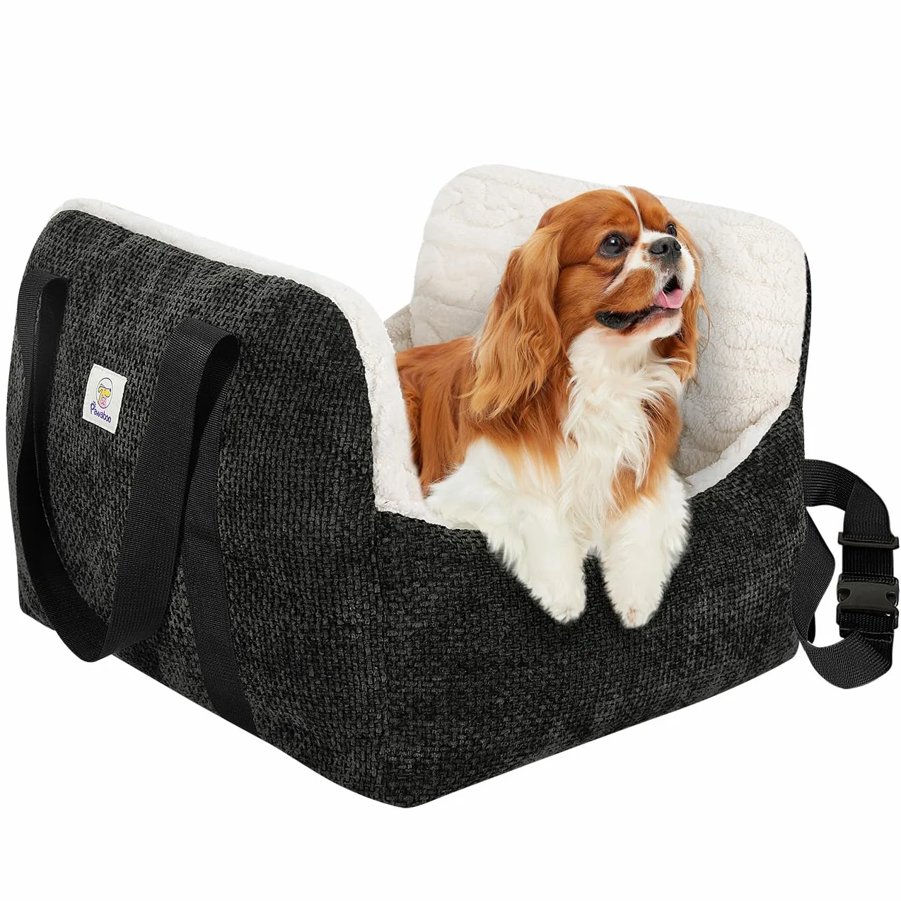 Pawaboo Hund Autositz, Hund Booster Autositz für Klein Hunde, Welpensitz für Auto mit Fest Schnalle und Sicherheitsgurt, Verdickt Hundebett Autositz, Haustier Reise Träger Bett bis zu 25lbs, Schwarz