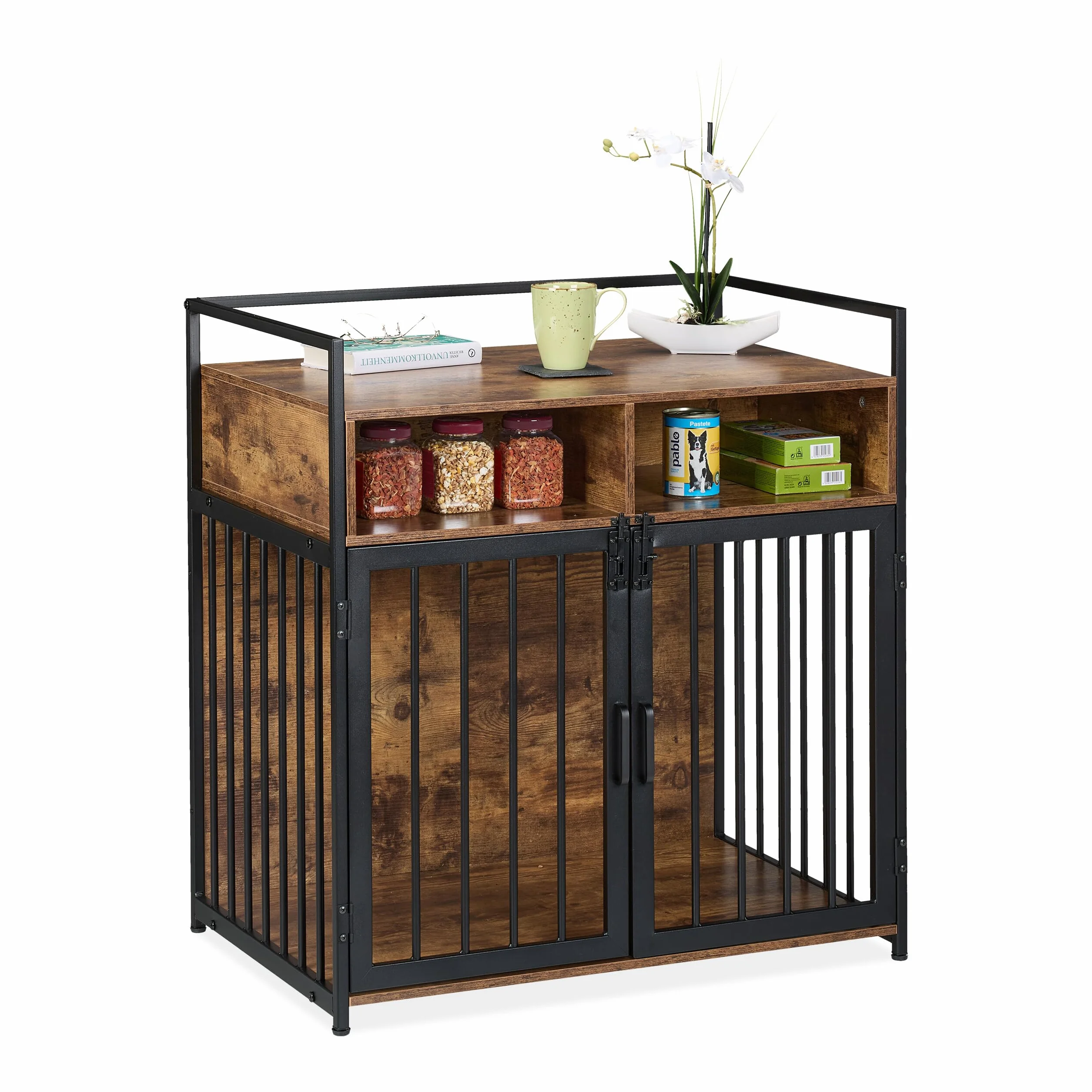 Relaxdays Hundekäfig im Möbelstil, HBT: 85x80x54 cm, Hundebox mit Ablage, 2 Türen, Hundeschrank Holzoptik, braun-schwarz