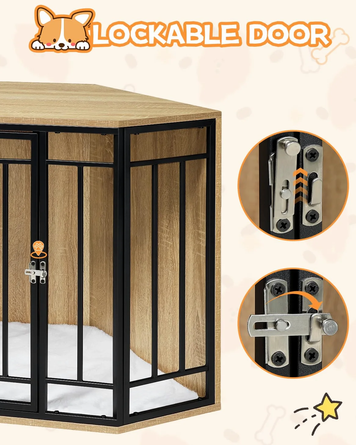 EUGAD Eck-Hundebox, Hundekäfig Möbel mit Kissen,Hundebox Holz mit Abschließbarer Tür, Haustierbox für den Innenbereich, Hundekäfig Zuhause für kleine mittelgroße Hunde 111x67x60cm