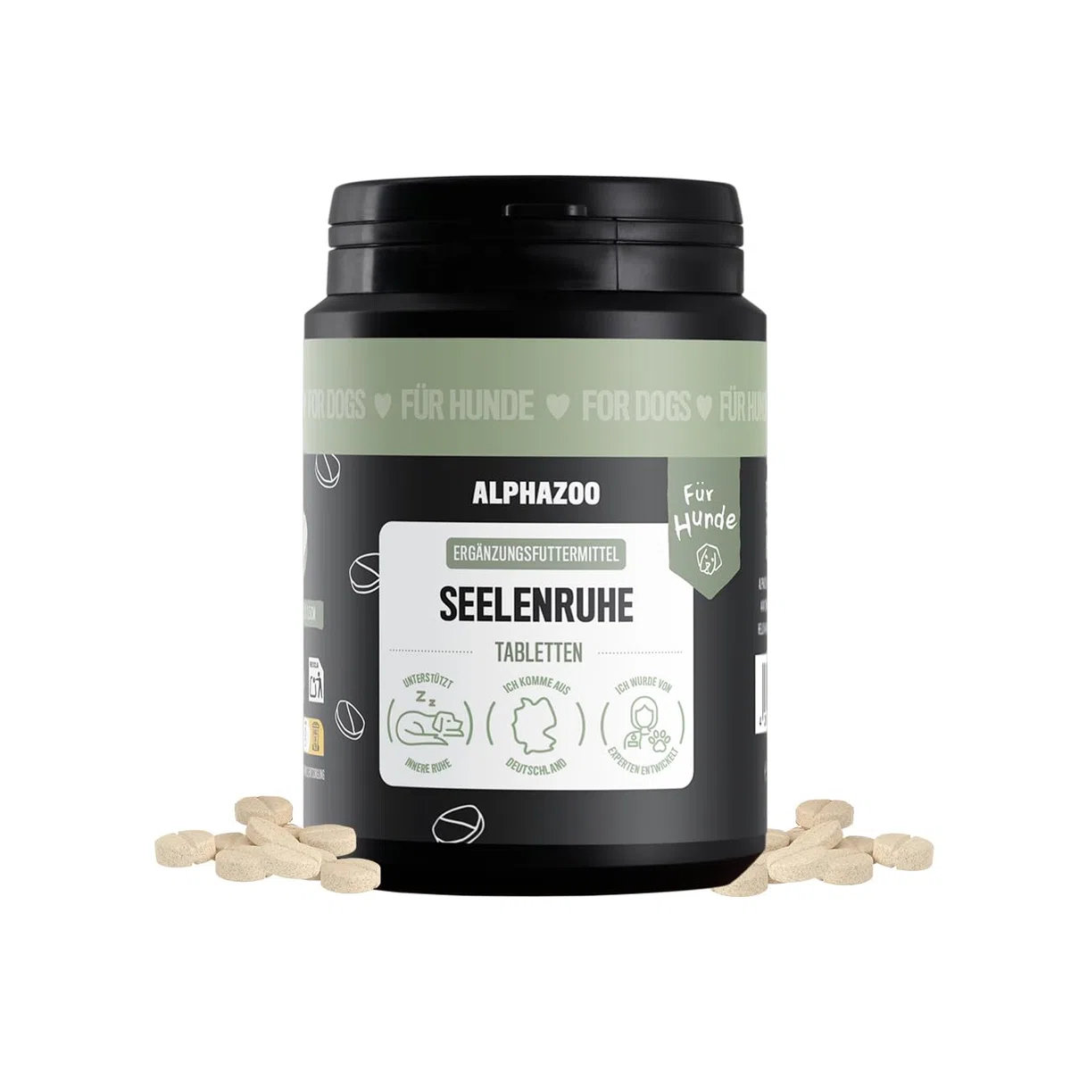 alphazoo Seelenruhe Tabletten für Hunde 180g - Ergänzungsfuttermittel mit Baldrian Melisse Hopfen - mit Hanföl & Taigawurzel - ohne künstliche Zusätze - für Gewitter Silvester Autofahrt