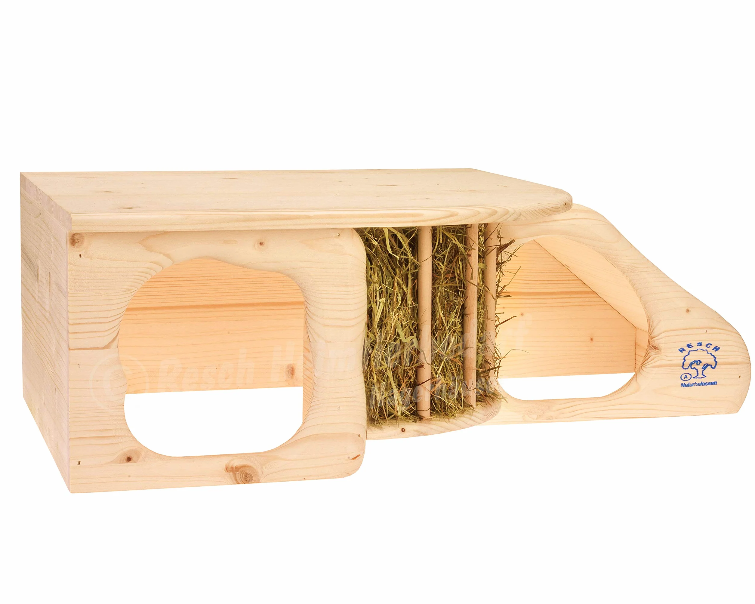 Resch Nr11 Nagerhöhle XL naturbelassenes Massivholz aus Fichte/mit Treppe zur Liegeterasse, integrierter Heuraufe, großen Eingängen und gerundeten Ecken / 60 x 19,7 x 37cm