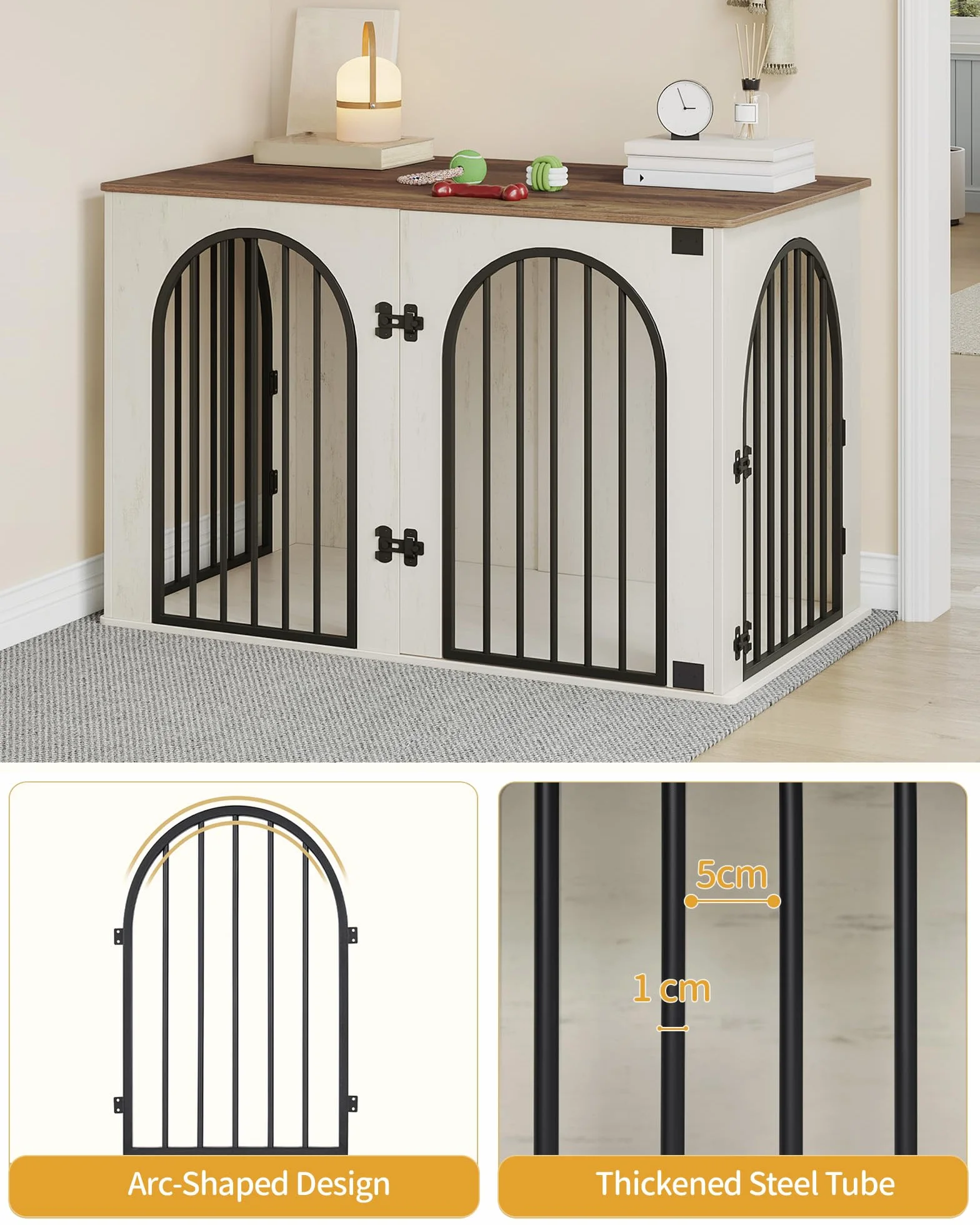 Hzuaneri Hundekäfig Möbel, 108 cm Hundebox für Zuhause, 3 Türen, Bogentür, Moderne Hundebox Indoor für Hunde, Beistelltisch, Hundekäfig Hochbelastbar, 108 x 64 x 76 cm, Weiß Braun DFC86014B