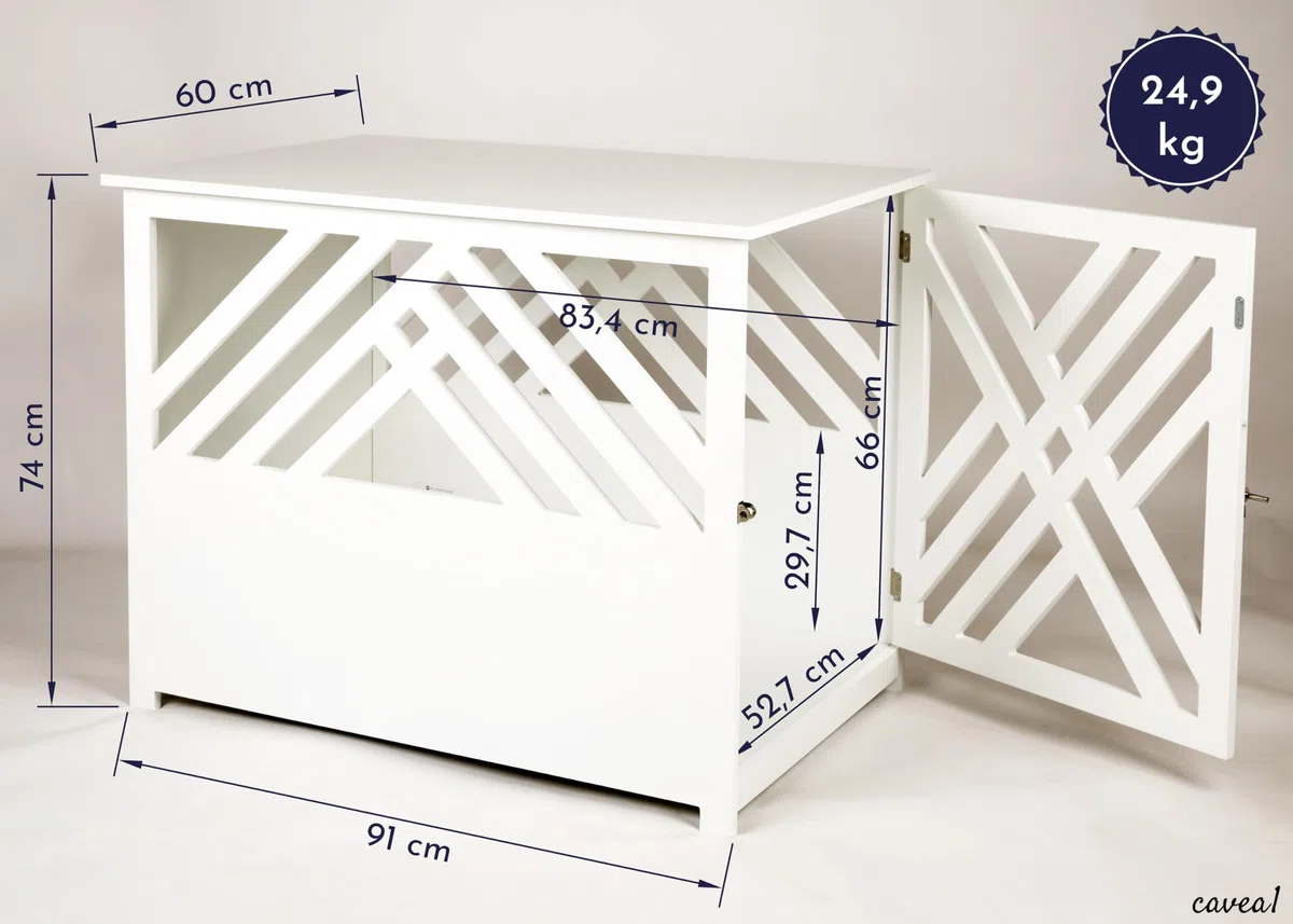 Design Hundekäfig aus Holz für Zuhause Wohnung mit Beistelltisch, Hundebox fürs Wohnzimmer Indoor, 90x60 cm weiß