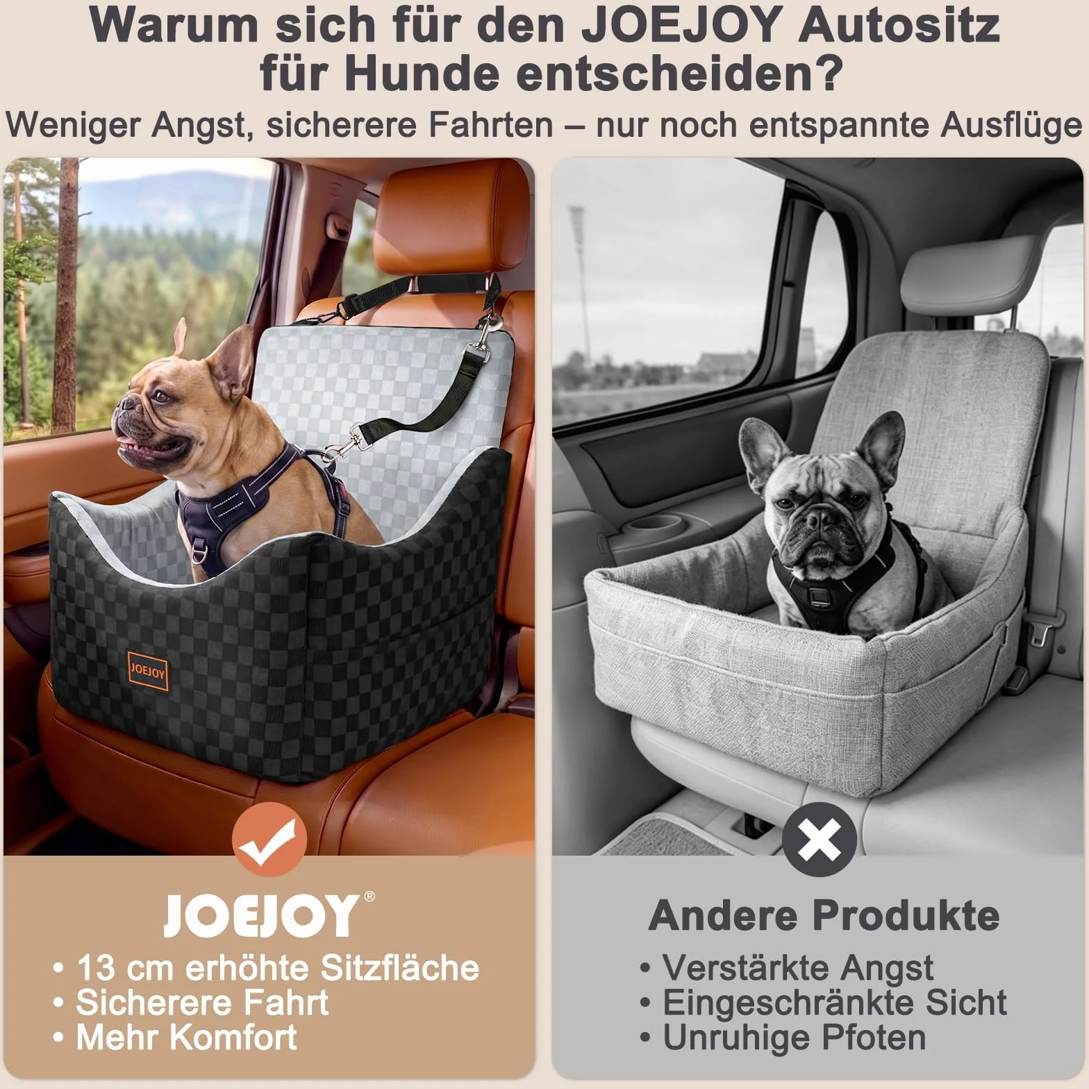 JOEJOY Hunde Autositz für kleine bis mittlere Hunde, Waschbarer Hundesitz Auto mit Aufbewahrungstaschen, Verdickter Memory-Schaum-Füllung, Hundeautositz Sitzerhöhung Hundesitz für Rückbank Vordersitz