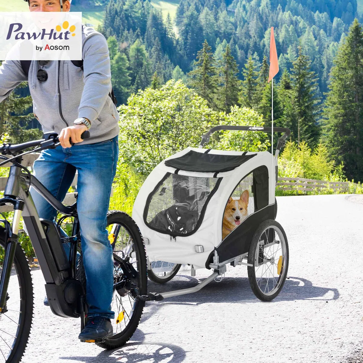 PawHut 2-in-1 Hundeanhänger, Fahrradanhänger für Hunde, Hundewagen mit Reflektoren, Fahne, Hundefahrradanhänger Hundebuggy, Oxford-Gewebe
