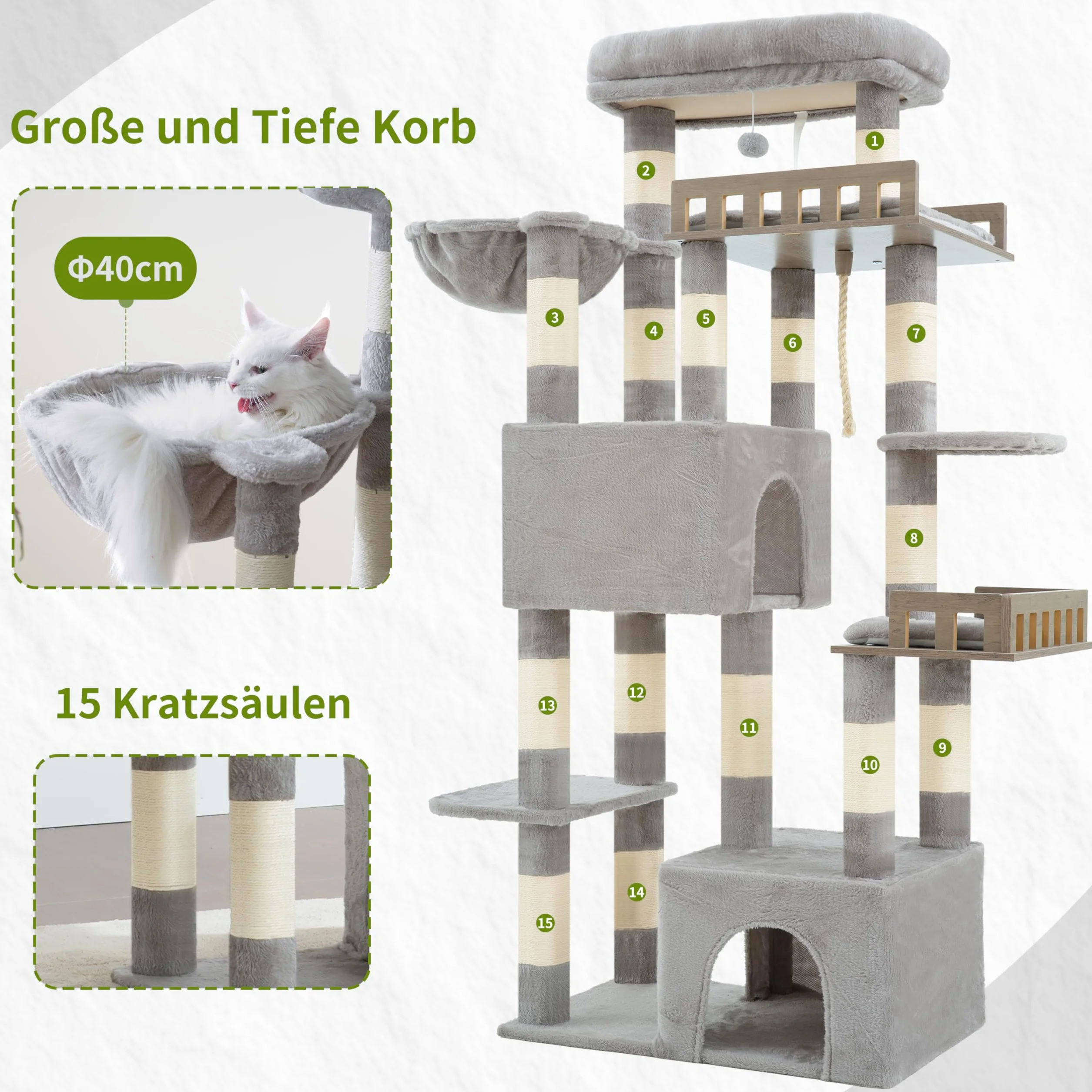Gitelsnour Kratzbaum groß, Katzenbaum für große ausgewachsene Katzen, 174cm Katzenkratzbaum mit Hängematte, 2 große Sitzstangen, 2 Katzenhöhlen,15 Kratzstangen, Hellgrau GCT033W