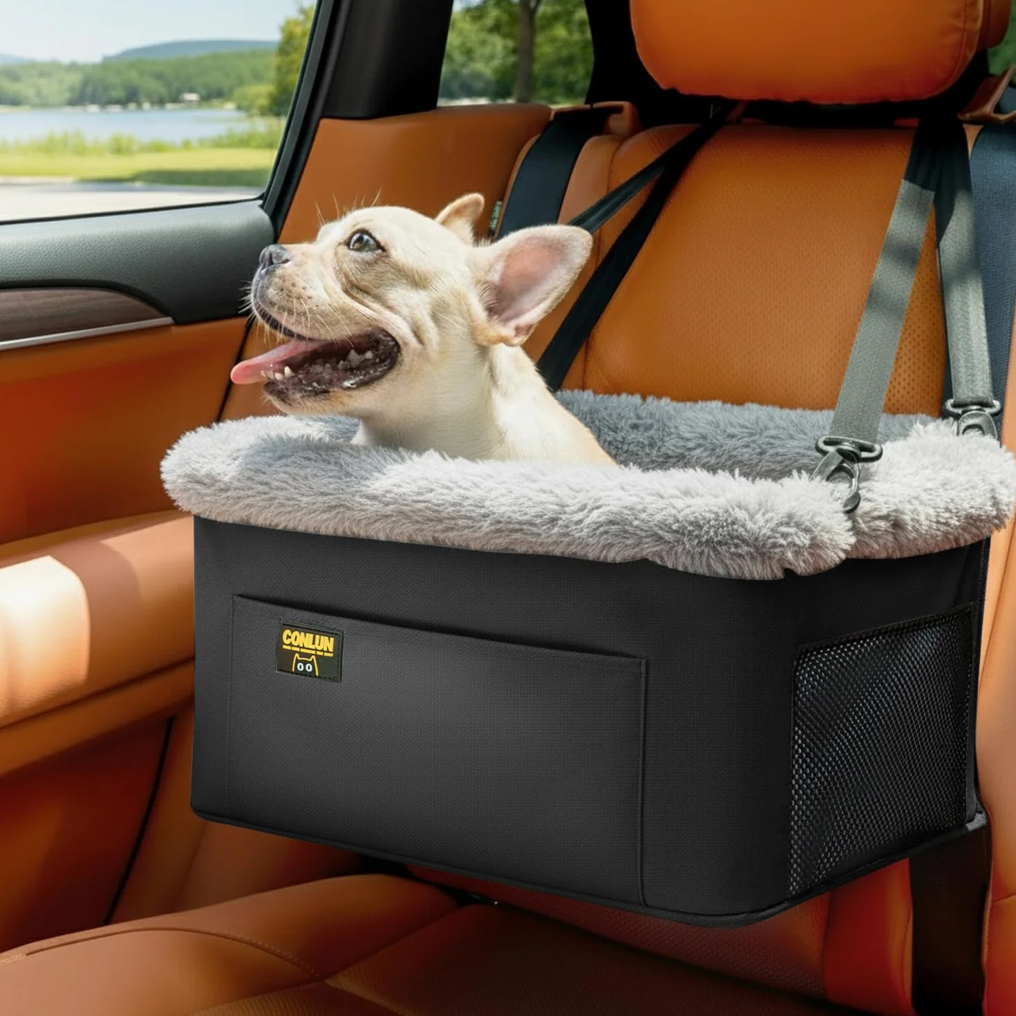 Conlun Hunde Autositz für Kleine Hunde bis 9kg - Stabiler Hundesitz Auto mit Stahlrahmen & Fronttasche - Faltbarer Hundekorb Auto mit Sicherheitsleine & Waschbarer Einlage (40x33x22cm)