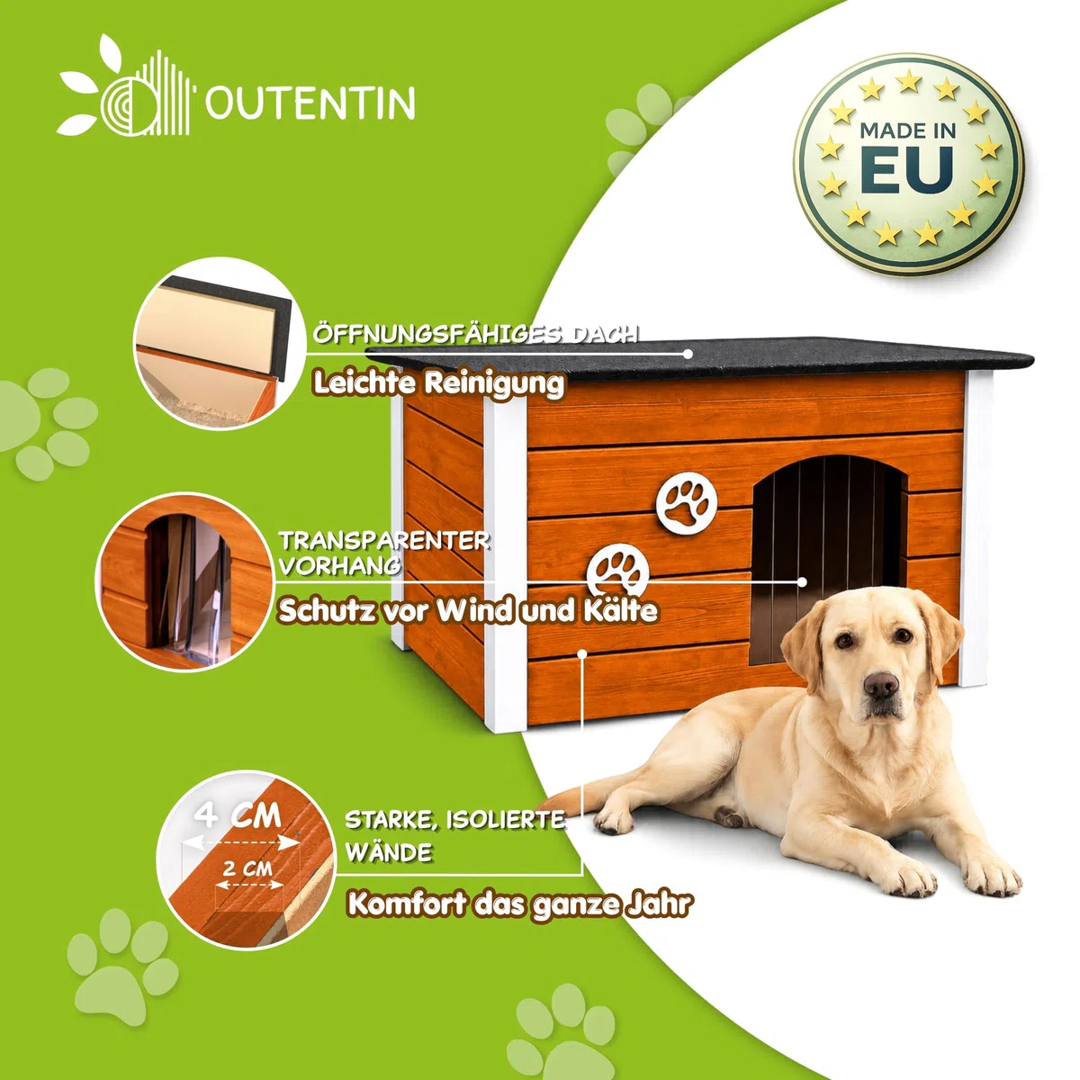 Outentin Hundehütte Outdoor Winterfest - Hundehaus für Große Hund - Isoliert und Wetterfest - Hunde Haus für Draußen mit zum Öffnen Flachdach - Stabile und Moderne Villa - 105 x 71 x 64cm - Teak