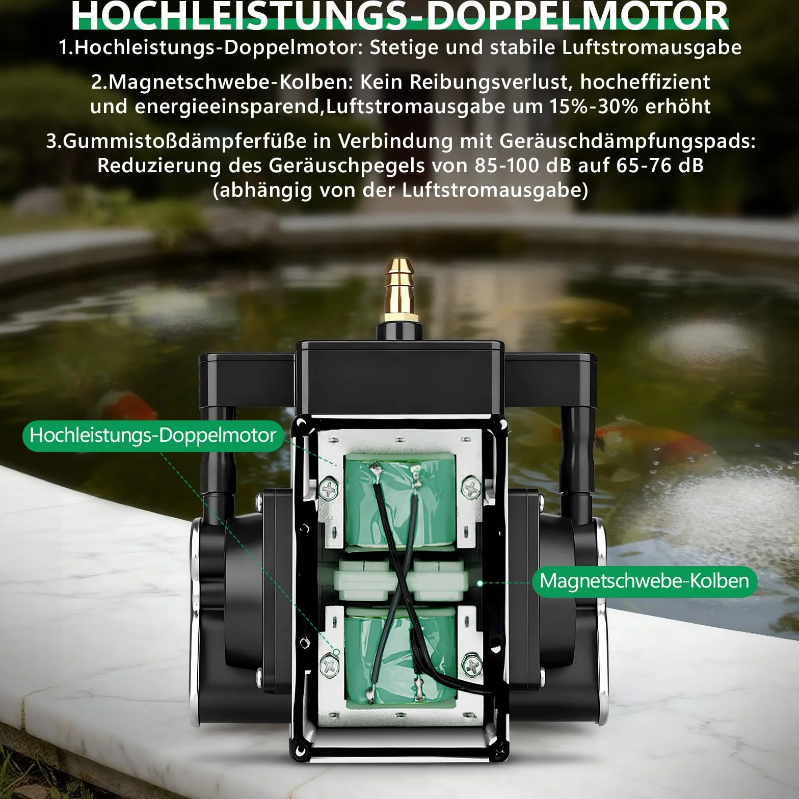 40 Watt Aquarium Luftpumpe mit Dual-Kanal-Kupfermotor, Aluminiumgehäuse, Leistungsstark Teichbelüfter, Max Teichinhalt 72 m³, Durchflussrate 80L/Min, Ideal für Großen Aquarien und Teichen